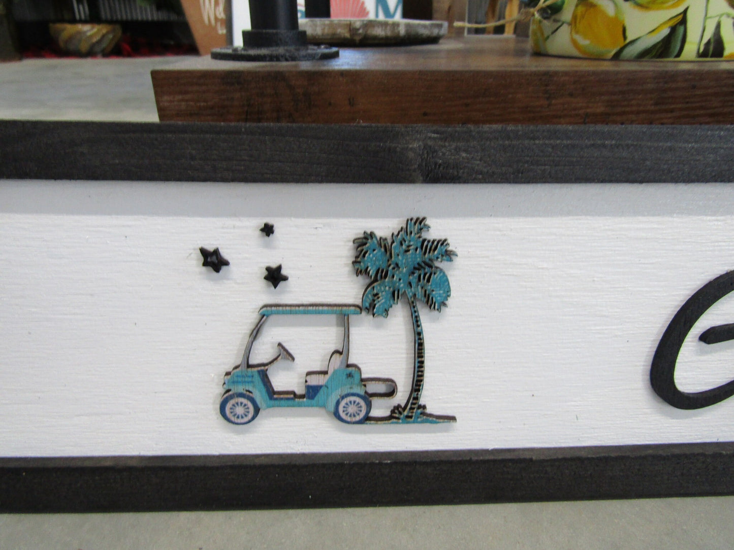 Long Horizontal Custom Sign Golf Course Cart Rental Signage Commerical Business Wooden Handmade Elevated Raised Letters Palm Tree Tee Time