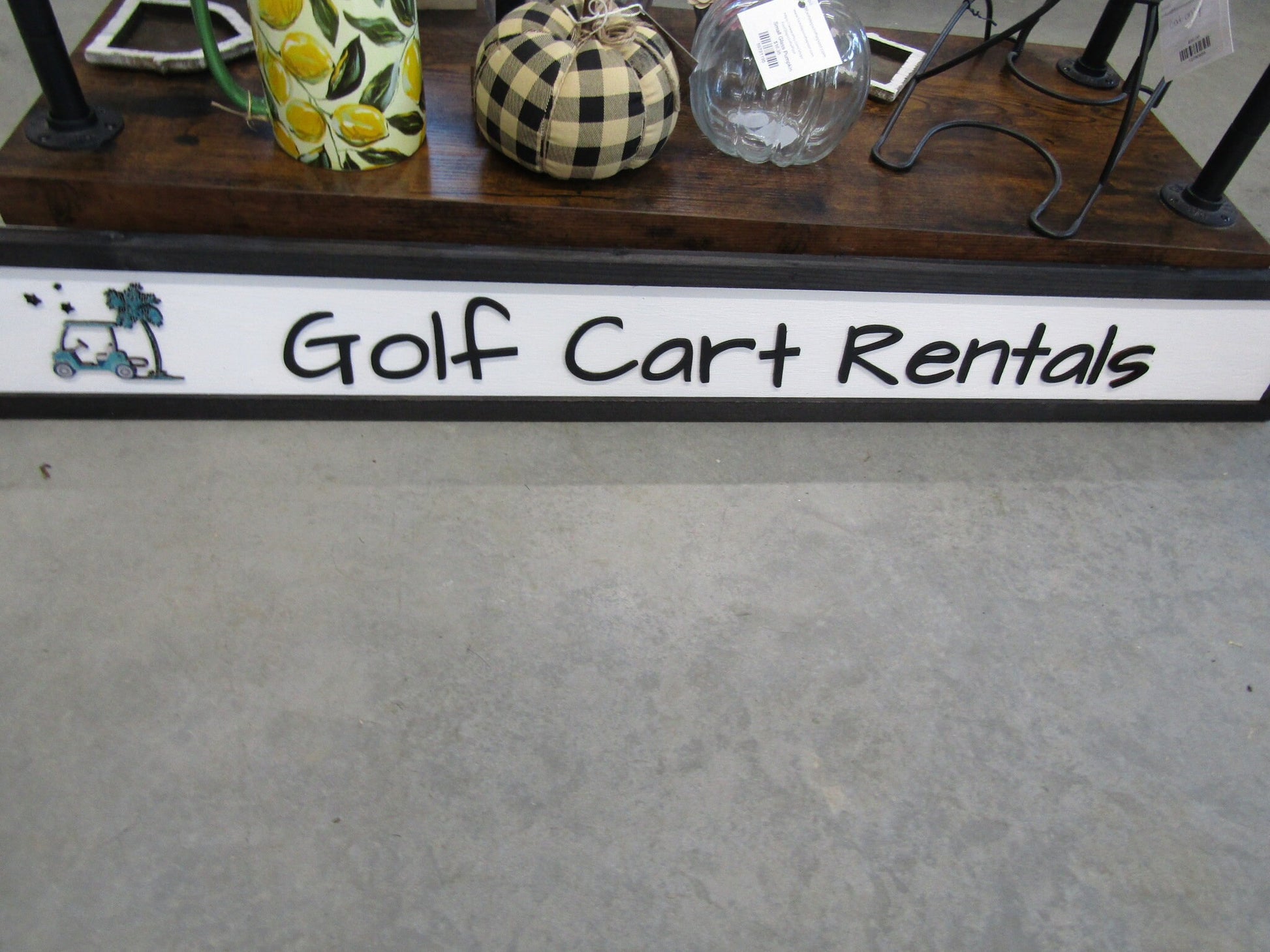 Long Horizontal Custom Sign Golf Course Cart Rental Signage Commerical Business Wooden Handmade Elevated Raised Letters Palm Tree Tee Time