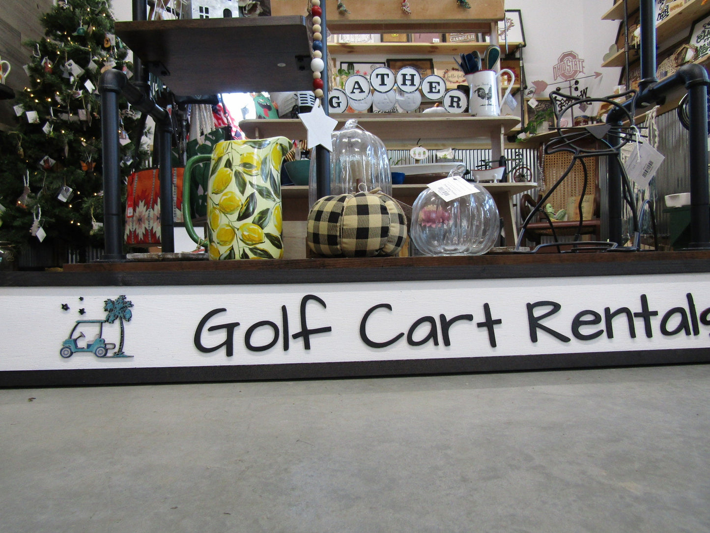 Long Horizontal Custom Sign Golf Course Cart Rental Signage Commerical Business Wooden Handmade Elevated Raised Letters Palm Tree Tee Time