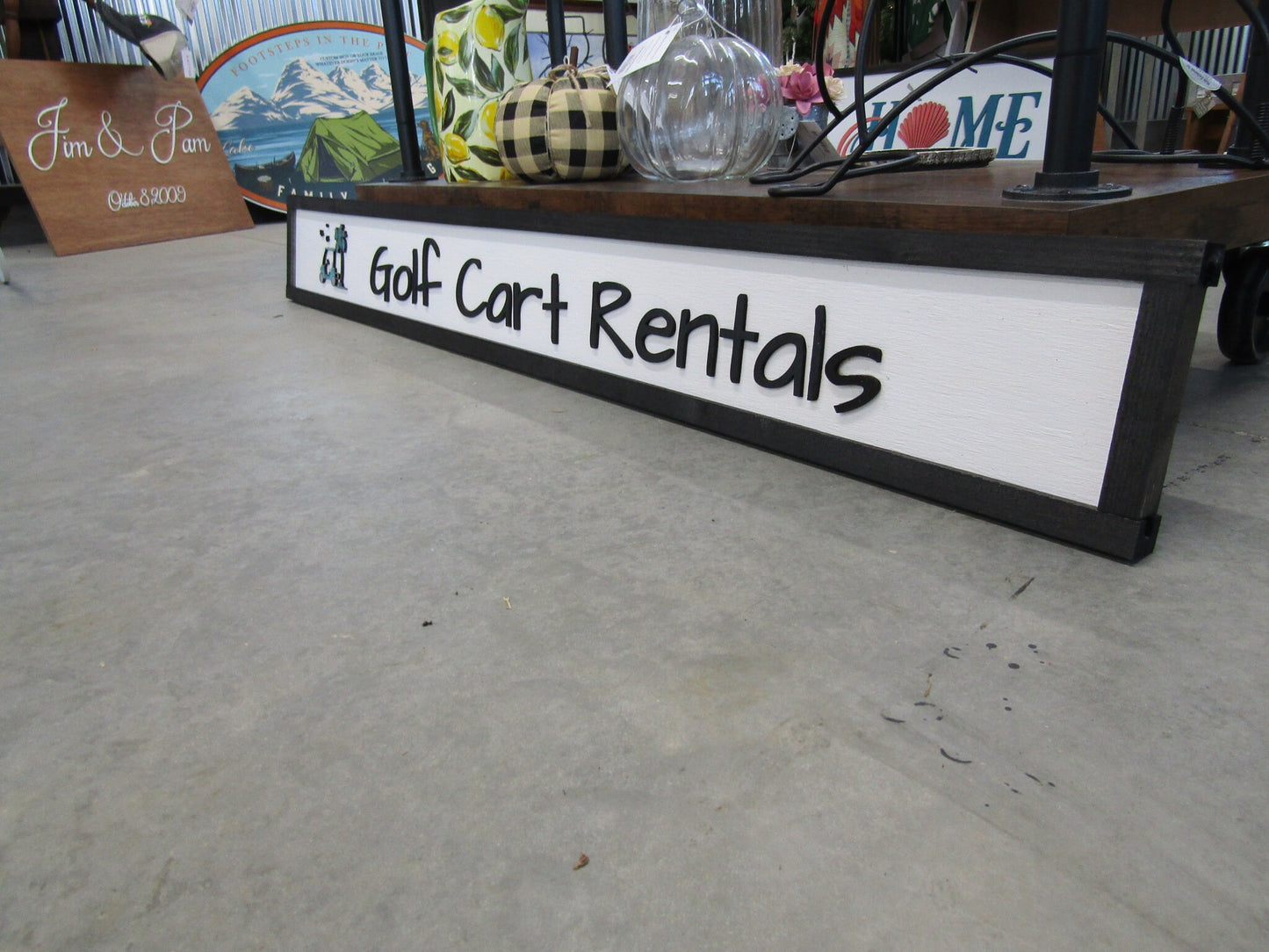Long Horizontal Custom Sign Golf Course Cart Rental Signage Commerical Business Wooden Handmade Elevated Raised Letters Palm Tree Tee Time