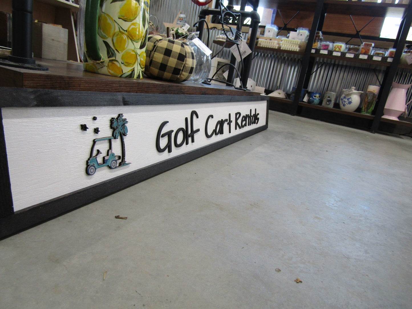 Long Horizontal Custom Sign Golf Course Cart Rental Signage Commerical Business Wooden Handmade Elevated Raised Letters Palm Tree Tee Time
