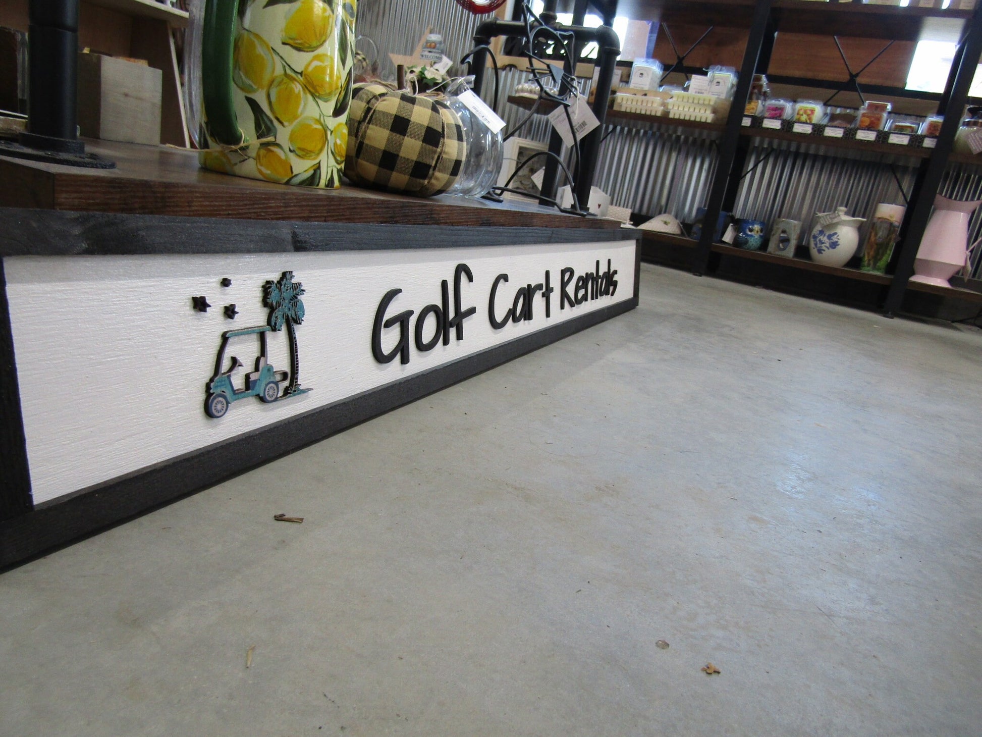 Long Horizontal Custom Sign Golf Course Cart Rental Signage Commerical Business Wooden Handmade Elevated Raised Letters Palm Tree Tee Time
