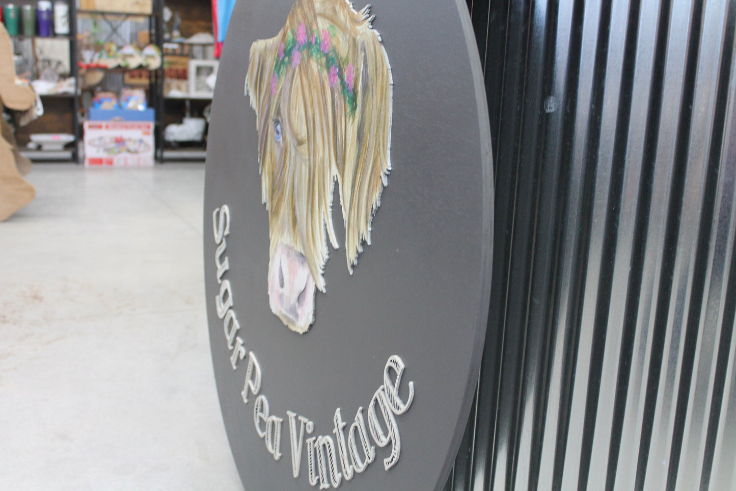 Custom Sign Highland Cow Vintage Store Round Made to Order Floral Crown Circle Wooden Handmade Printed and Raised Logo Personalized SugarPea