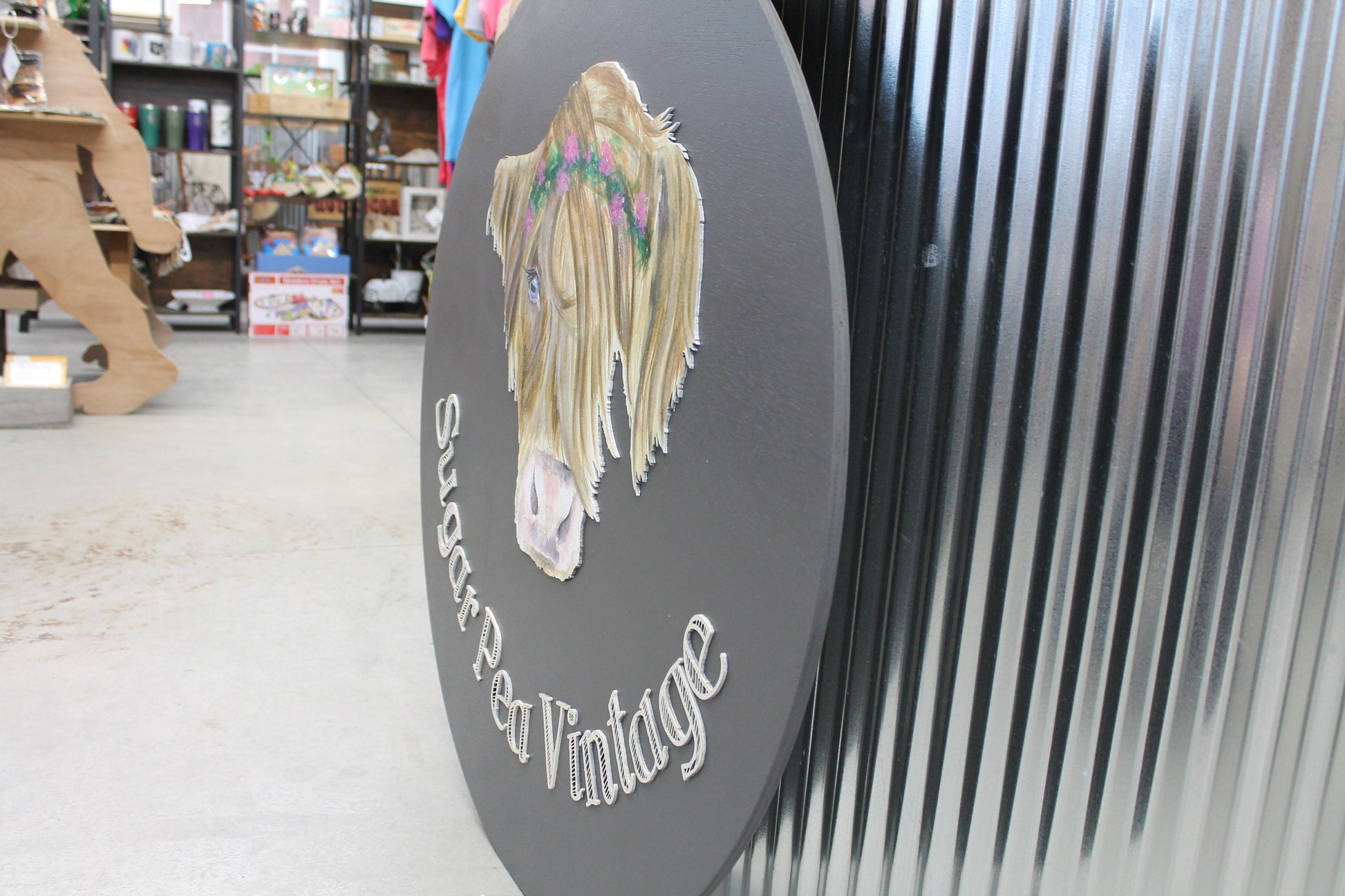 Custom Sign Highland Cow Vintage Store Round Made to Order Floral Crown Circle Wooden Handmade Printed and Raised Logo Personalized SugarPea