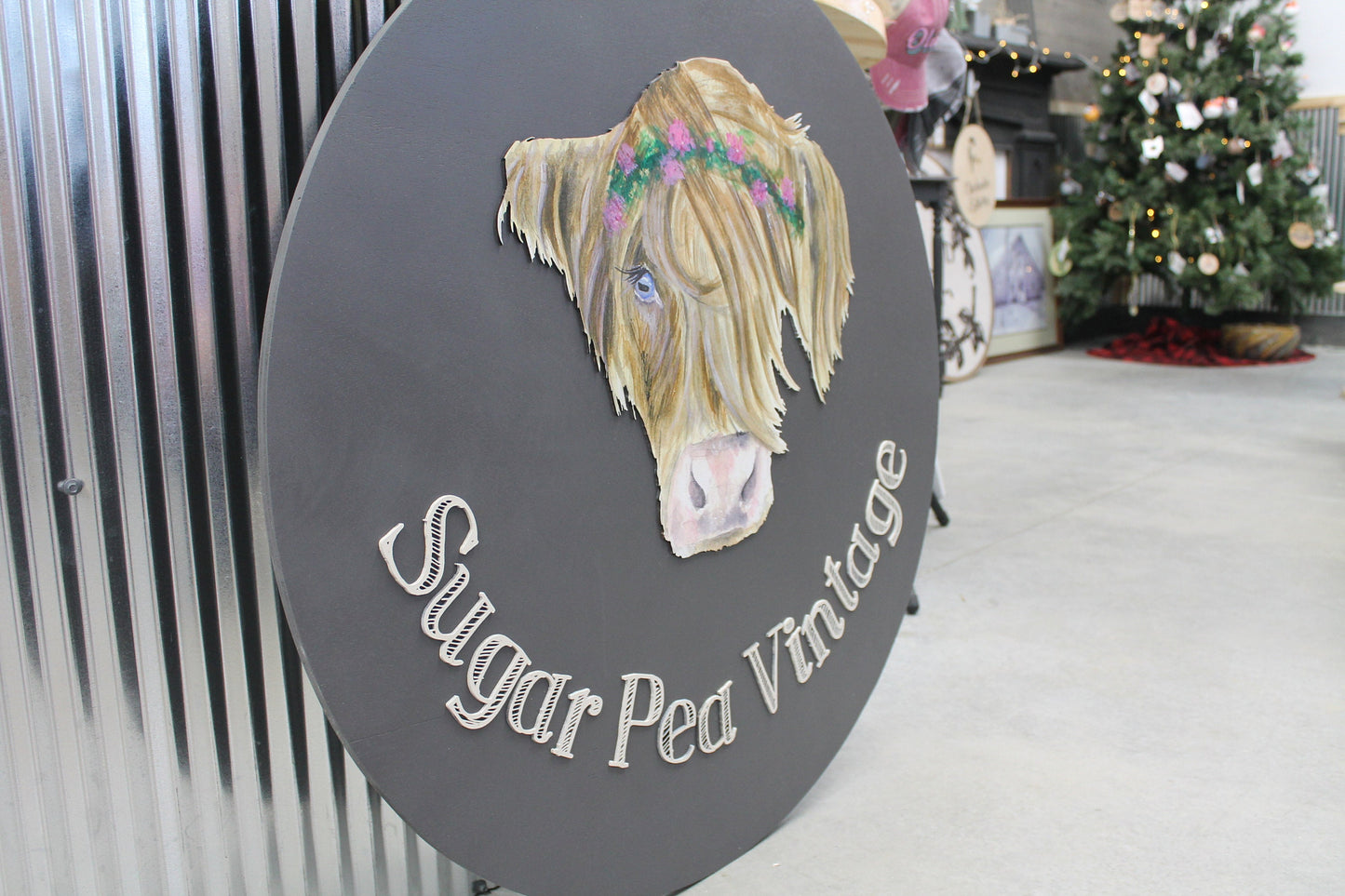 Custom Sign Highland Cow Vintage Store Round Made to Order Floral Crown Circle Wooden Handmade Printed and Raised Logo Personalized SugarPea