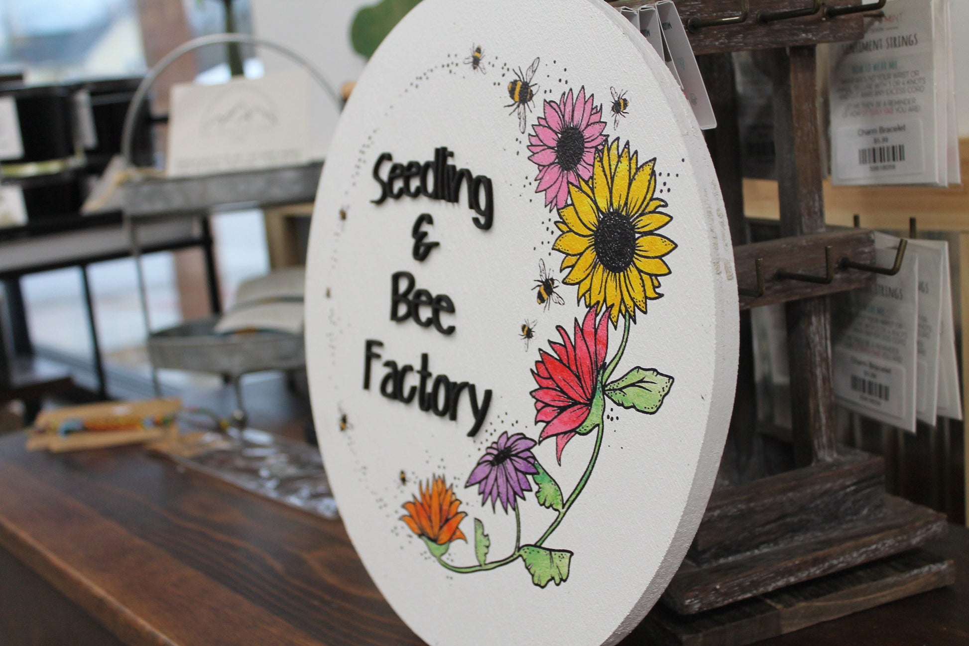 Floral Border Round Sign Seeds and Bees Small Business Uv printed and Raised Letters Handmade 3D Factory Greenhouse Grower Custom Made