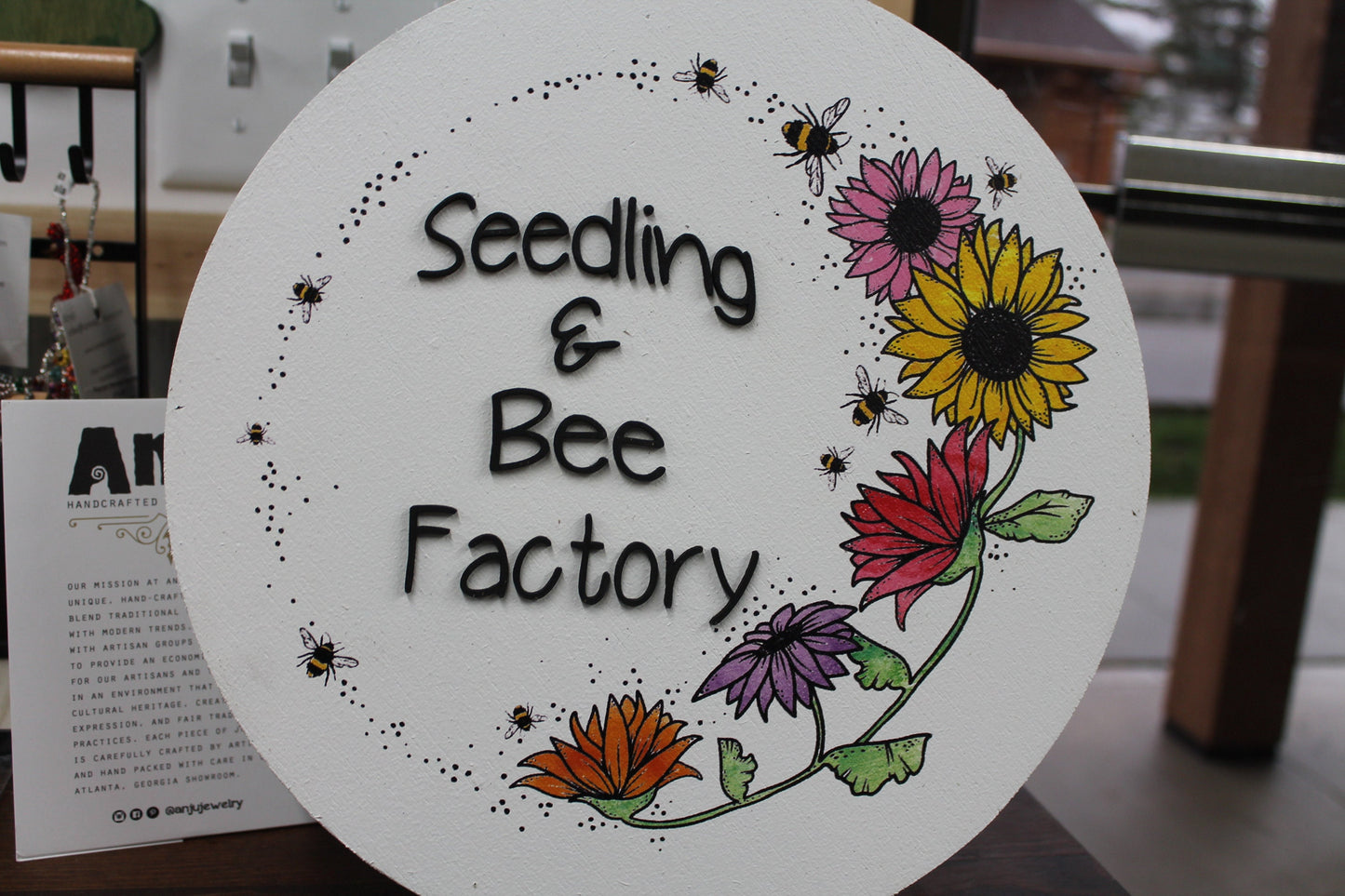 Floral Border Round Sign Seeds and Bees Small Business Uv printed and Raised Letters Handmade 3D Factory Greenhouse Grower Custom Made
