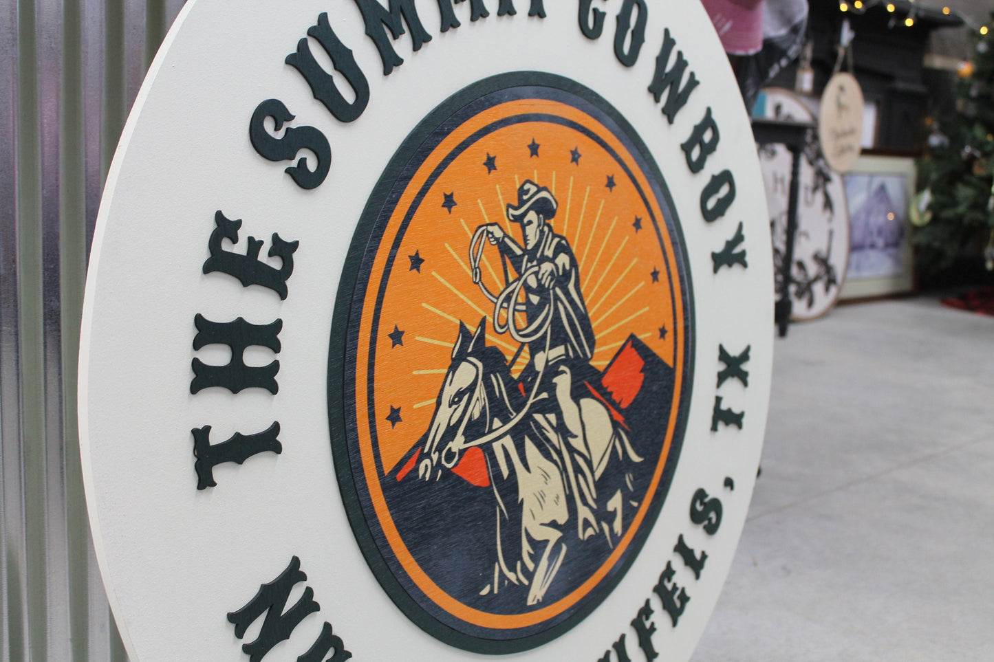 Cowboy Western Country Rope Texas Handmade Logo Custom Round Sign Printed and Raised Letters Laser Cut Personalized Commerical Signage