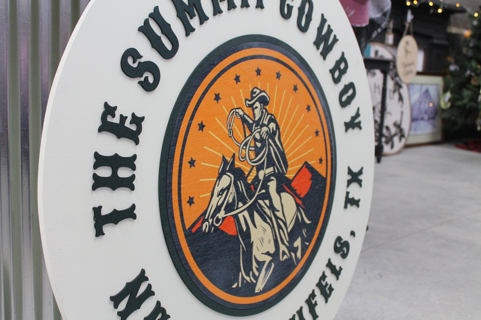 Cowboy Western Country Rope Texas Handmade Logo Custom Round Sign Printed and Raised Letters Laser Cut Personalized Commerical Signage