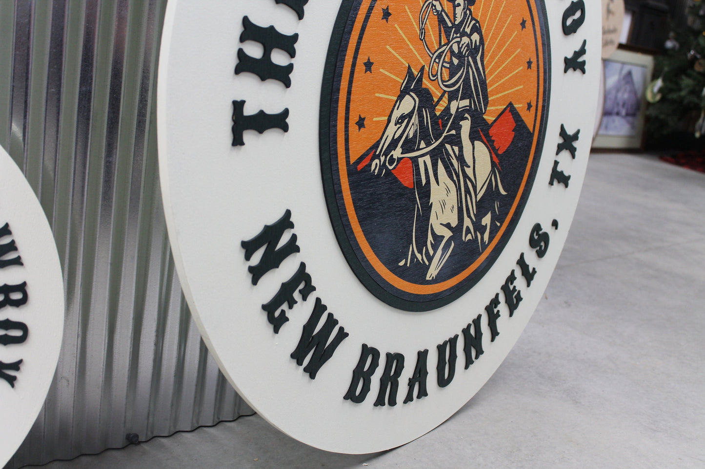 Cowboy Western Country Rope Texas Handmade Logo Custom Round Sign Printed and Raised Letters Laser Cut Personalized Commerical Signage