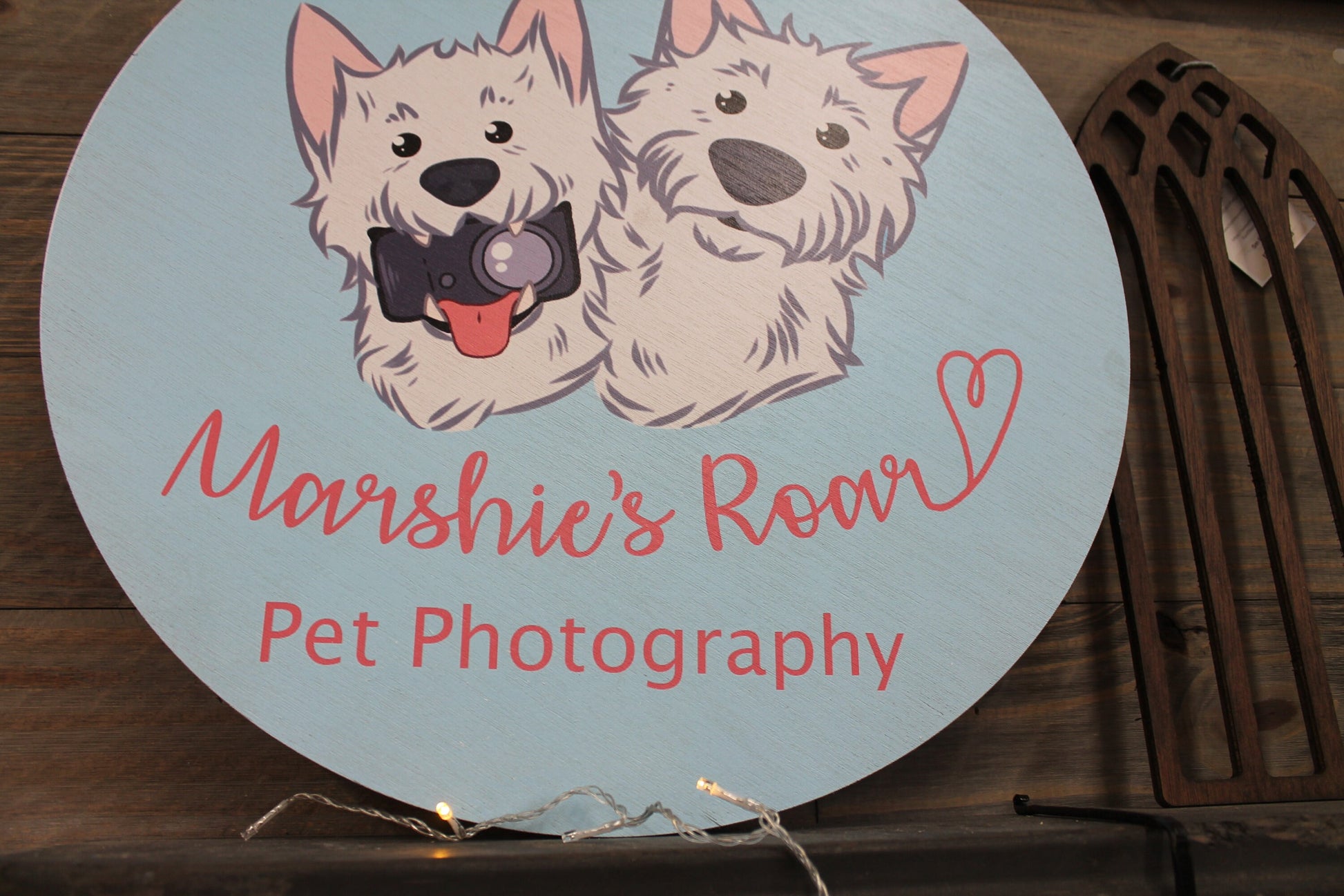 Small Business Sign Pet Photographer Dog Westie Logo Round Hanging Sign Design Booth Custom Circle Personalized Wall Art Color Wood Print