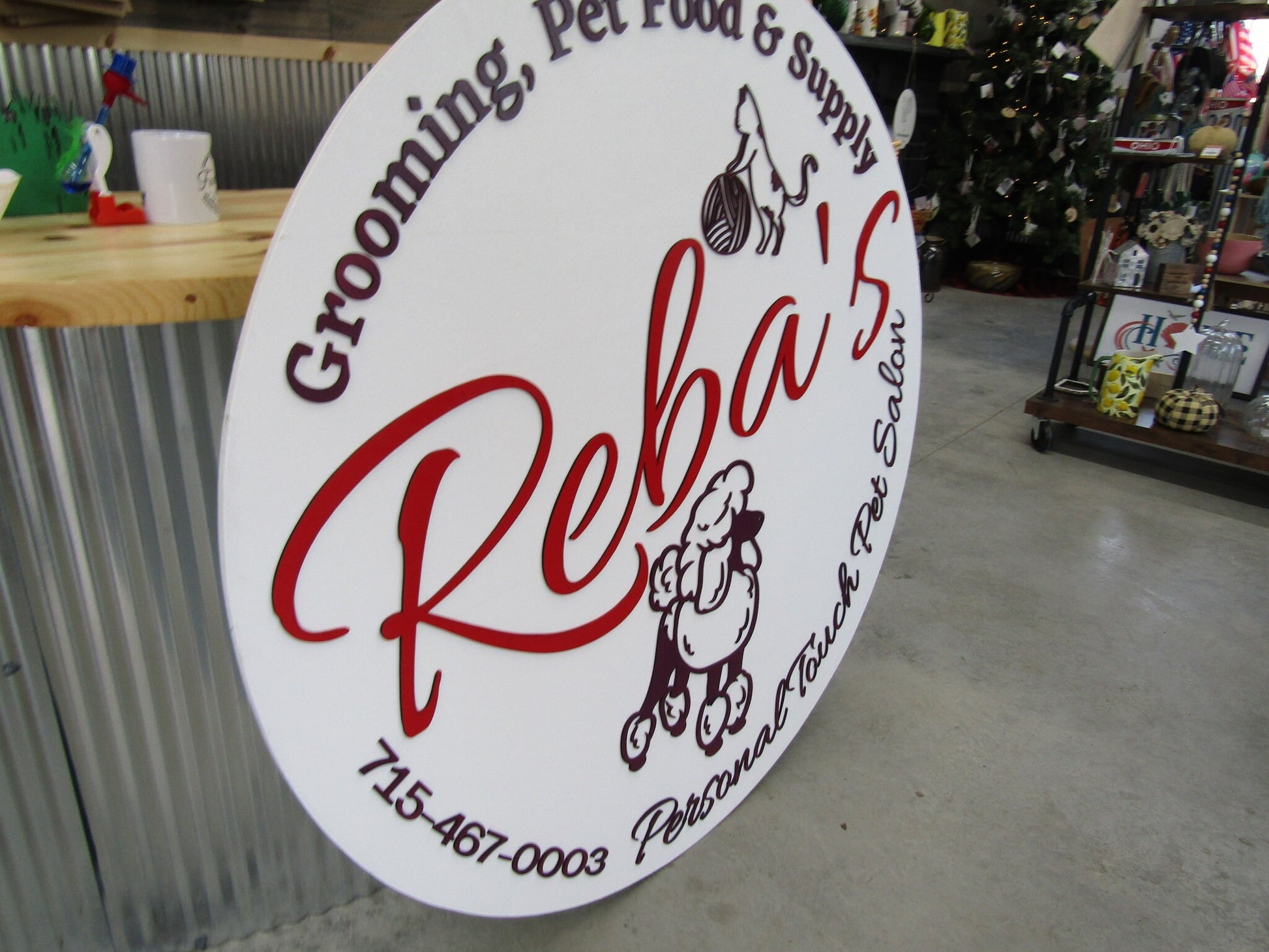 Pet Lover Poodle Reba Custom Sign Round Business Commerical Signage Grooming Pet Food Supply Store Made to Order Logo Circle Wooden Handmade