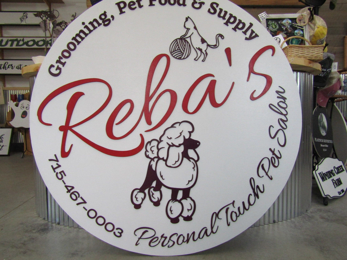 Pet Lover Poodle Reba Custom Sign Round Business Commerical Signage Grooming Pet Food Supply Store Made to Order Logo Circle Wooden Handmade