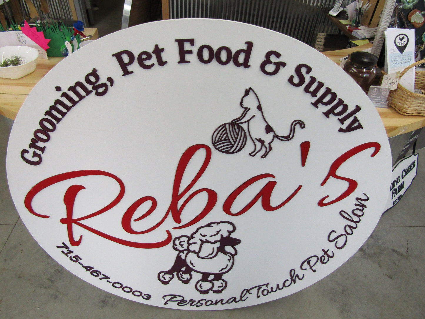 Pet Lover Poodle Reba Custom Sign Round Business Commerical Signage Grooming Pet Food Supply Store Made to Order Logo Circle Wooden Handmade