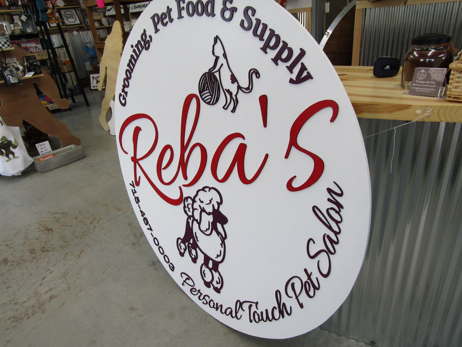 Pet Lover Poodle Reba Custom Sign Round Business Commerical Signage Grooming Pet Food Supply Store Made to Order Logo Circle Wooden Handmade