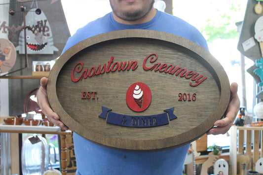 Custom Creamery Eatery Restaurant Ice Cream Wooden Led Elevated Text Raised Words Oval Light Up Indoor Remote Handmade Kitchen Logo
