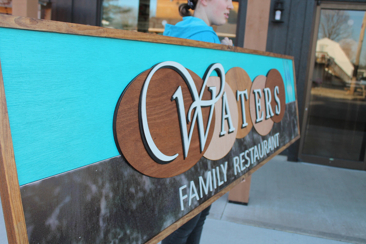Custom Oversized Family Restaurant Waters Brown Blue Logo Printed and Raised Letters Handmade Wooden Signage Commerical Business
