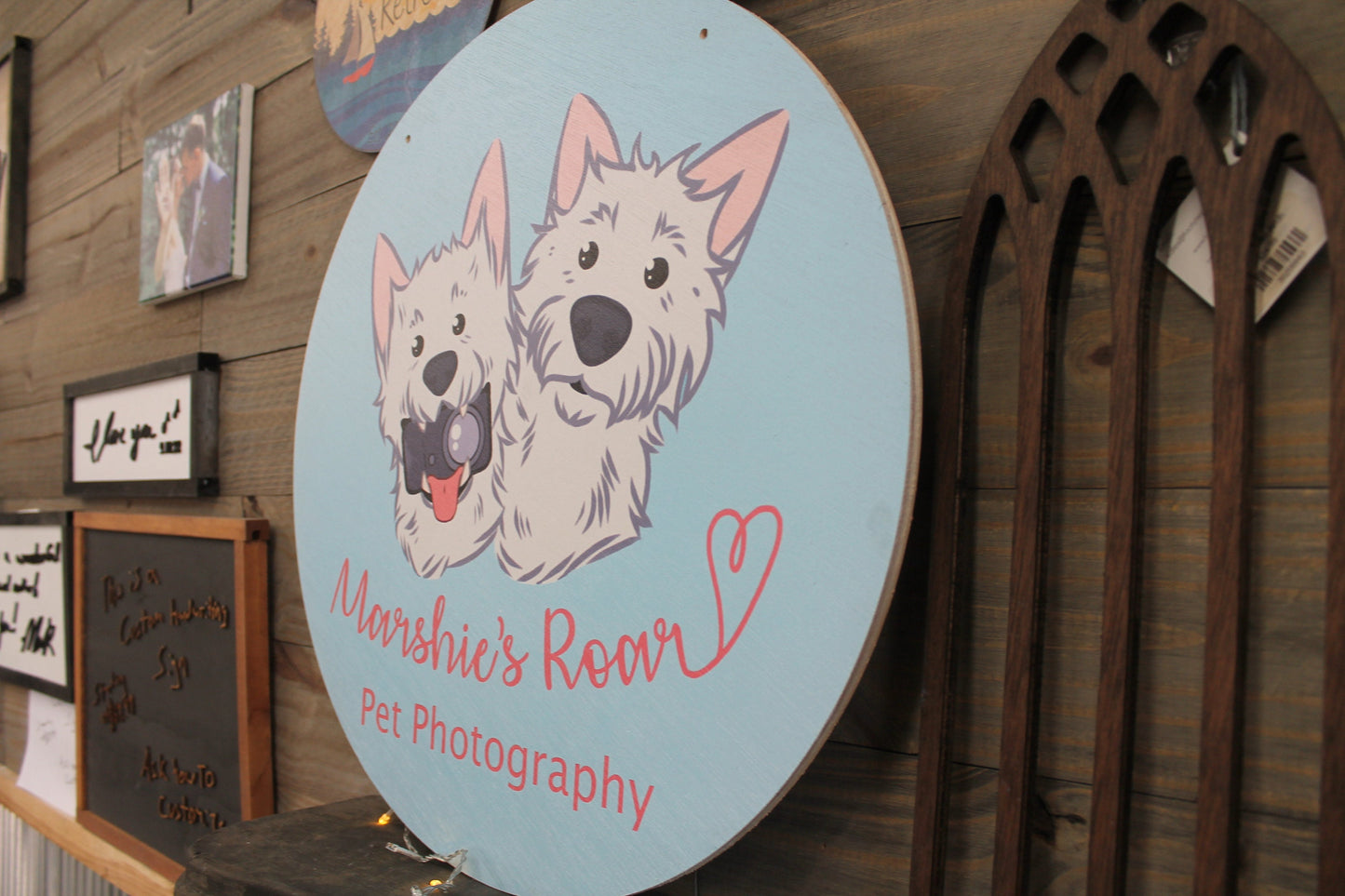 Small Business Sign Pet Photographer Dog Westie Logo Round Hanging Sign Design Booth Custom Circle Personalized Wall Art Color Wood Print