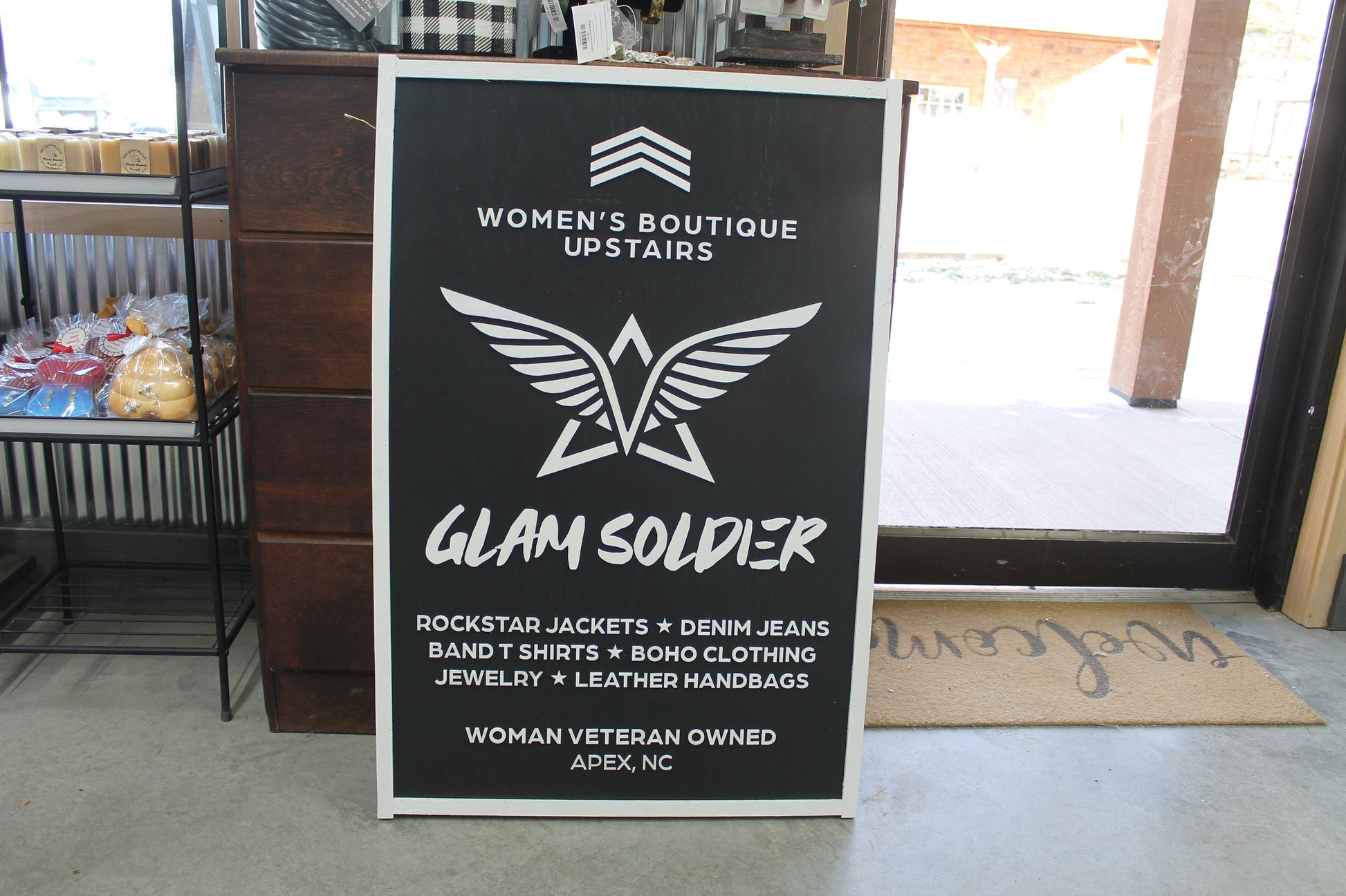 Personalized Womens Boutique Soldier Wooden Handmade Commerical Signage Elevated 3d text Black and white Customizable Logo Image Store Front