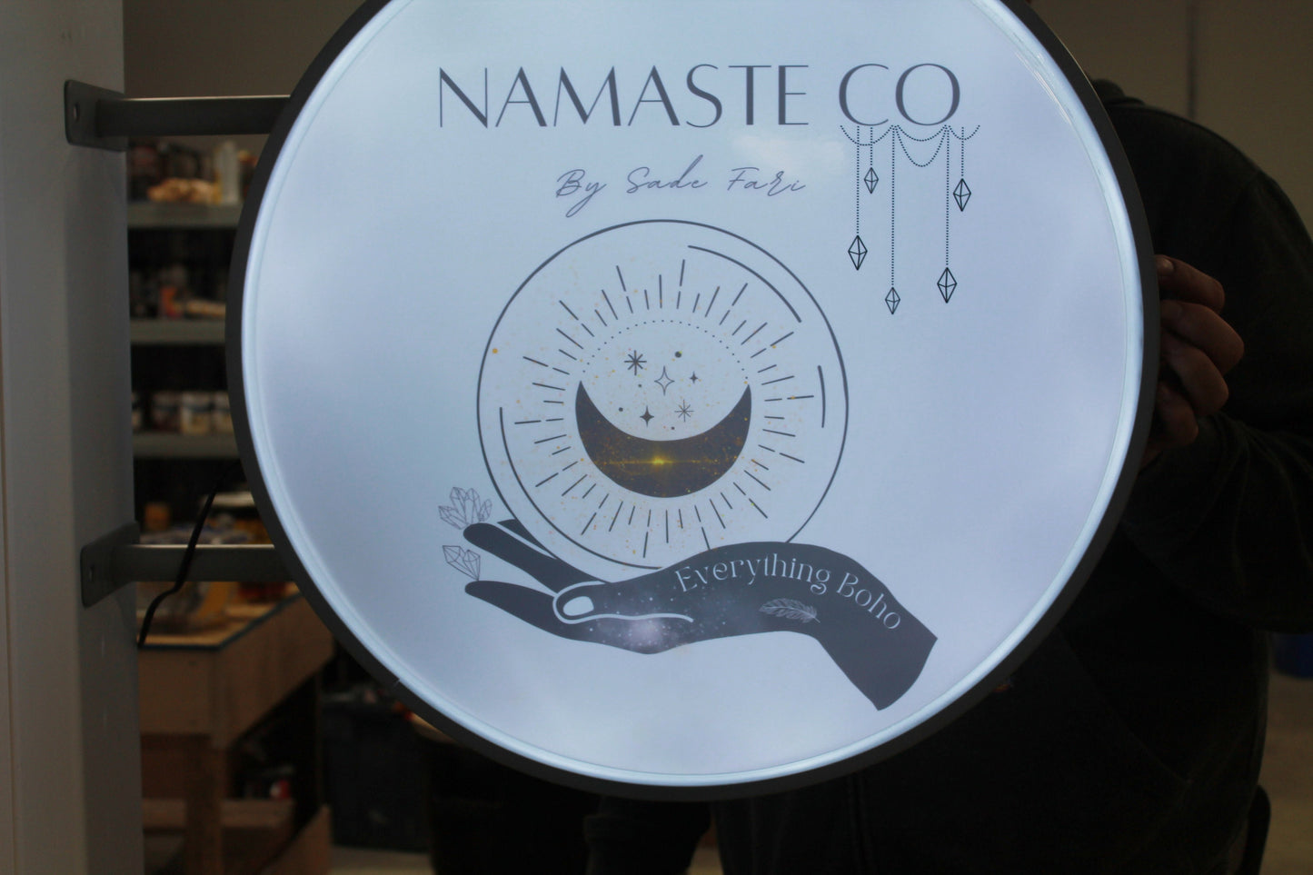 Custom Outdoor Namaste Crystals Boho Round Led Light Sign Wall or Ceiling Mounted Circle Light Sign Store Front Commerical Signage Logo