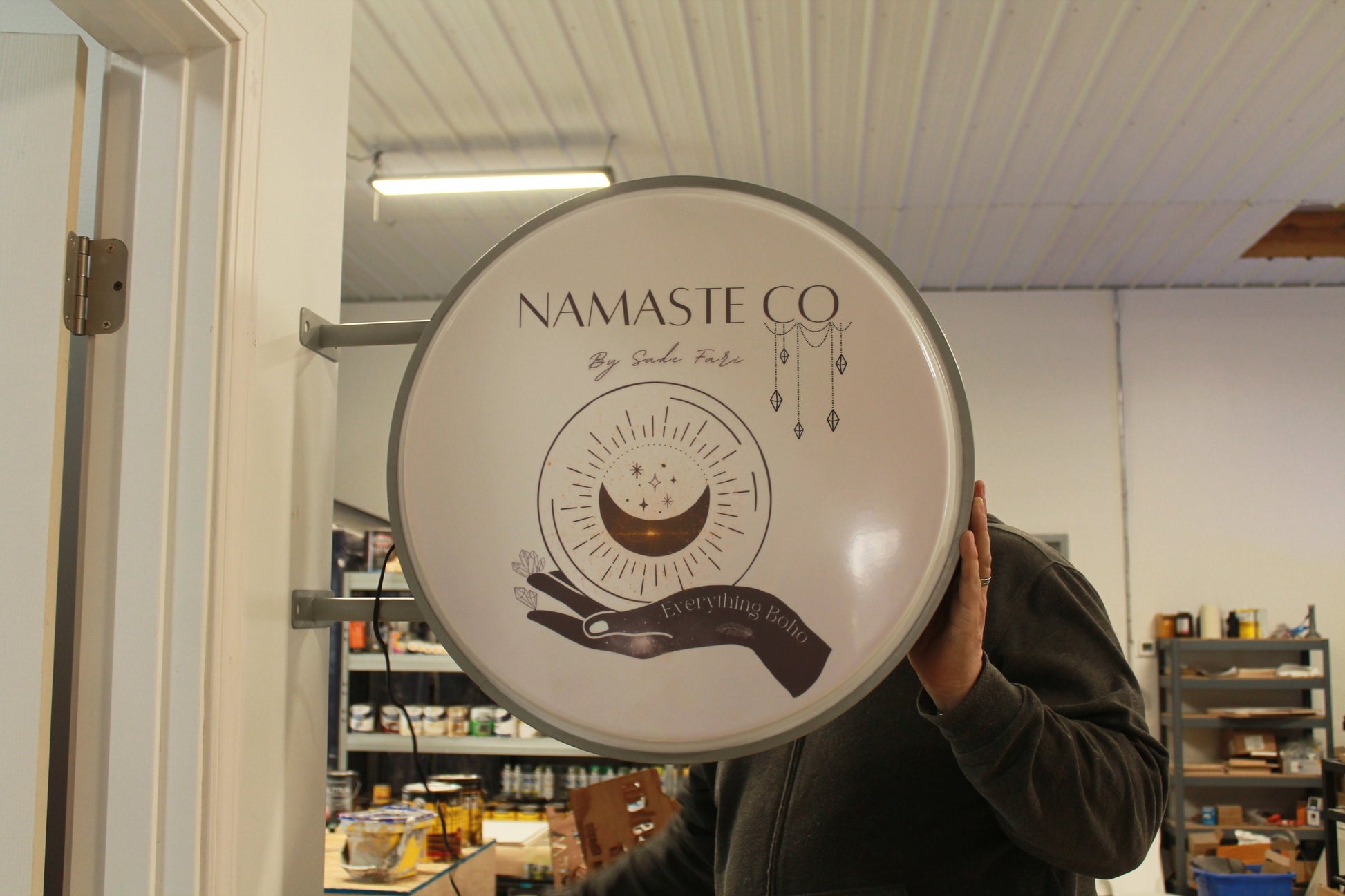 Custom Outdoor Namaste Crystals Boho Round Led Light Sign Wall or Ceiling Mounted Circle Light Sign Store Front Commerical Signage Logo