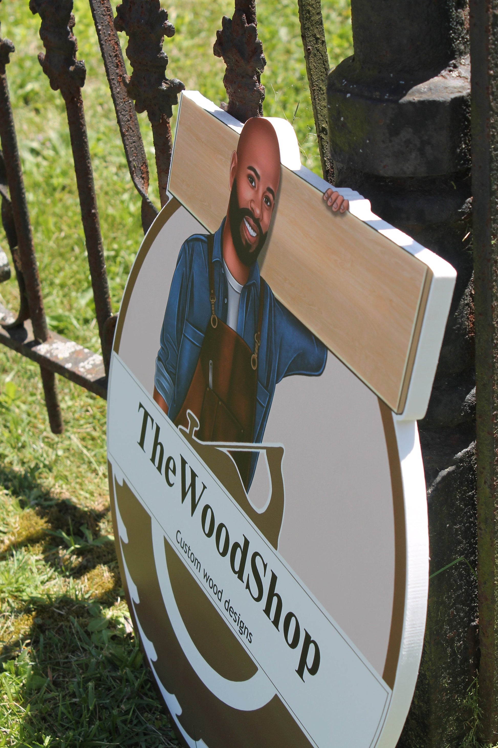 Woodshop Character Personalized Waterproof Sign Contoured Smooth Round Outdoor Ready for Business Logo Great for hanging or wall mounted