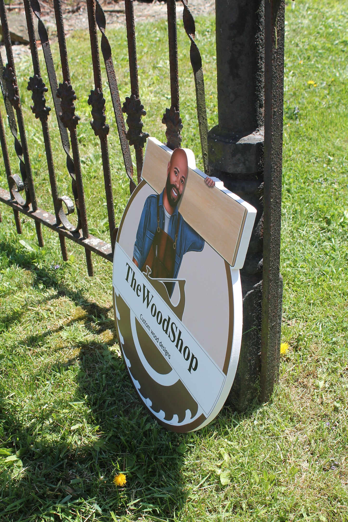 Woodshop Character Personalized Waterproof Sign Contoured Smooth Round Outdoor Ready for Business Logo Great for hanging or wall mounted