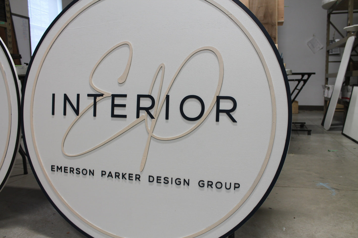 Custom Sign Round Business Interior Designer Group Commerical Signage Made to Order Logo Circle Wooden Handmade Raised Text Home Minimalist