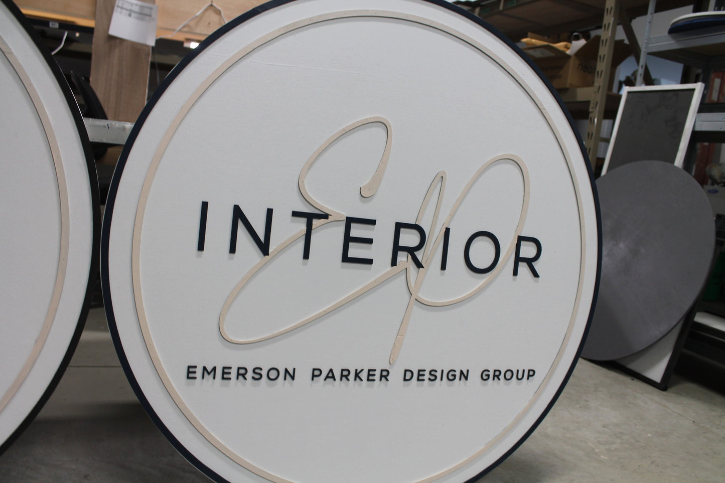 Custom Sign Round Business Interior Designer Group Commerical Signage Made to Order Logo Circle Wooden Handmade Raised Text Home Minimalist
