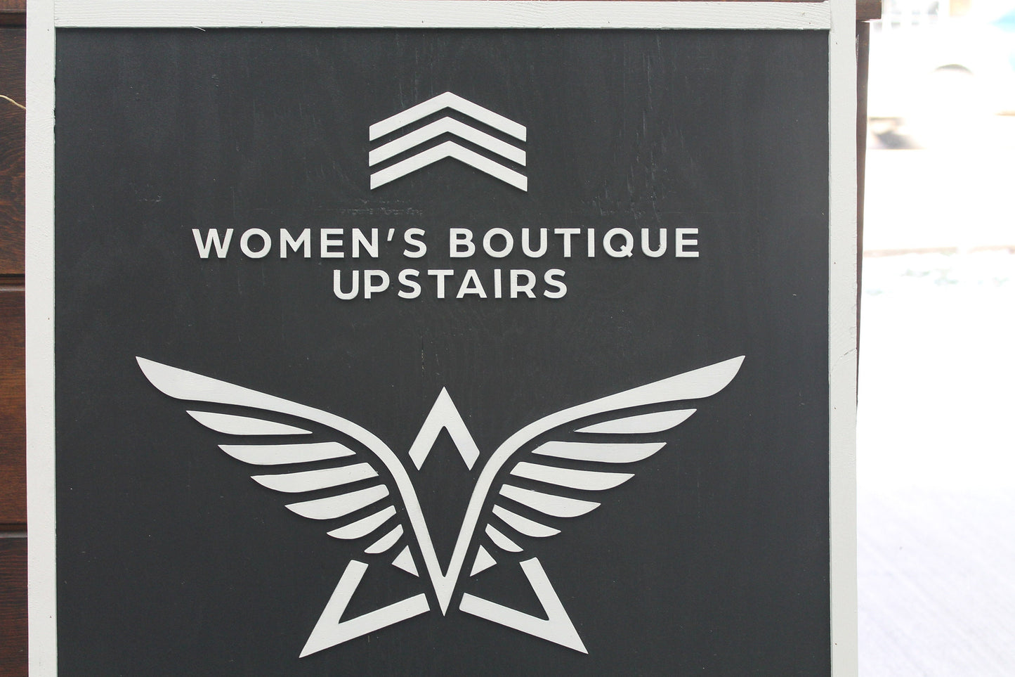 Personalized Womens Boutique Soldier Wooden Handmade Commerical Signage Elevated 3d text Black and white Customizable Logo Image Store Front