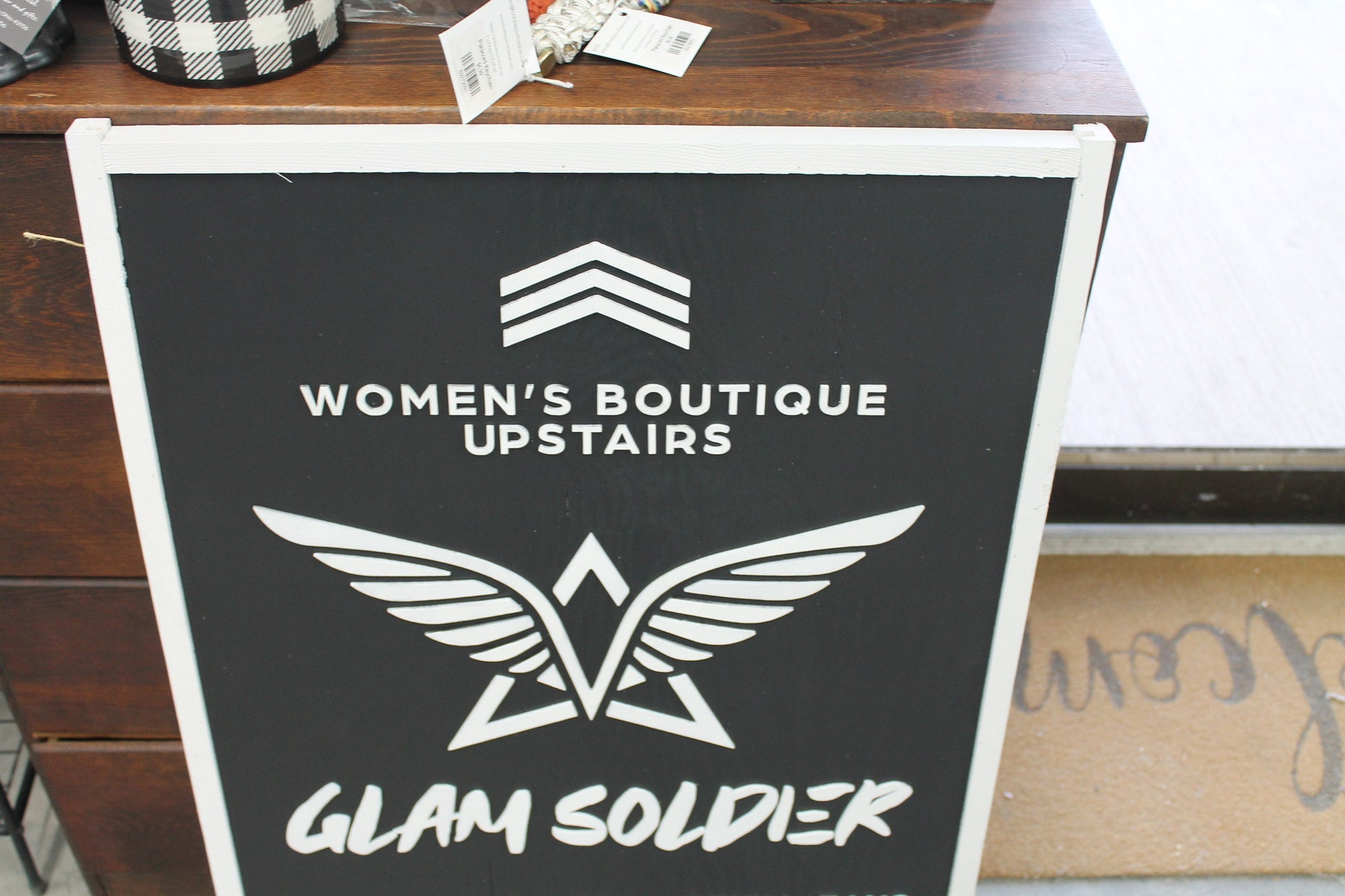 Personalized Womens Boutique Soldier Wooden Handmade Commerical Signage Elevated 3d text Black and white Customizable Logo Image Store Front