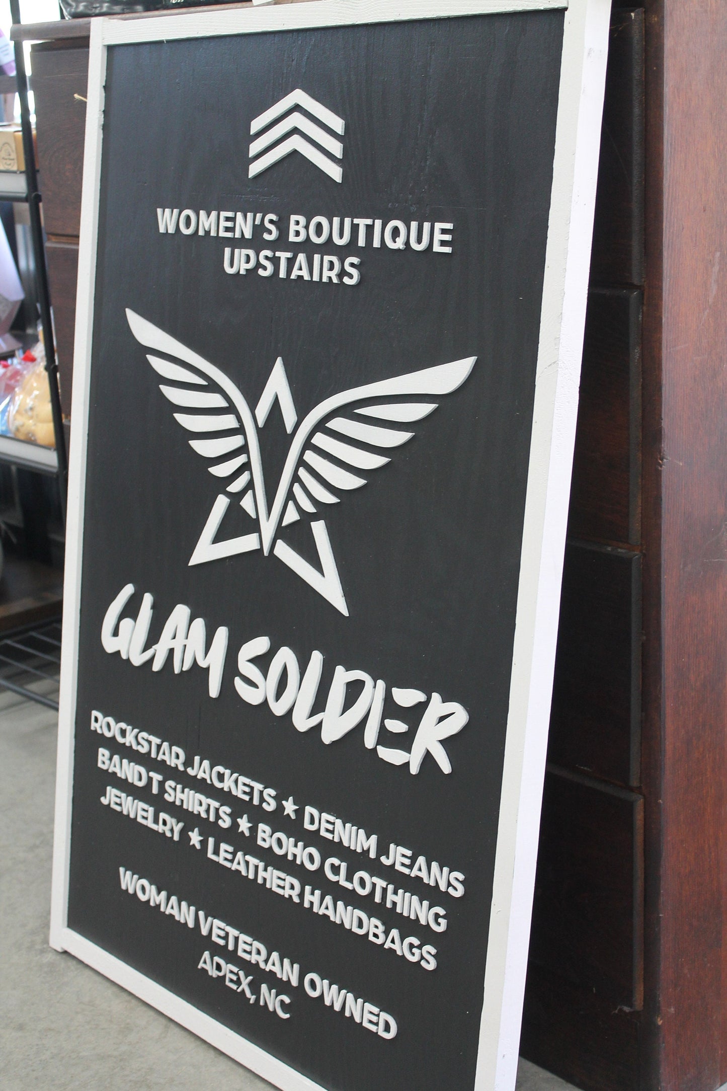 Personalized Womens Boutique Soldier Wooden Handmade Commerical Signage Elevated 3d text Black and white Customizable Logo Image Store Front