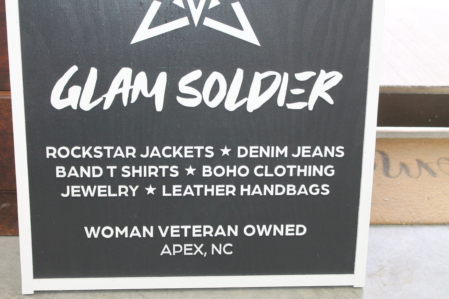 Personalized Womens Boutique Soldier Wooden Handmade Commerical Signage Elevated 3d text Black and white Customizable Logo Image Store Front