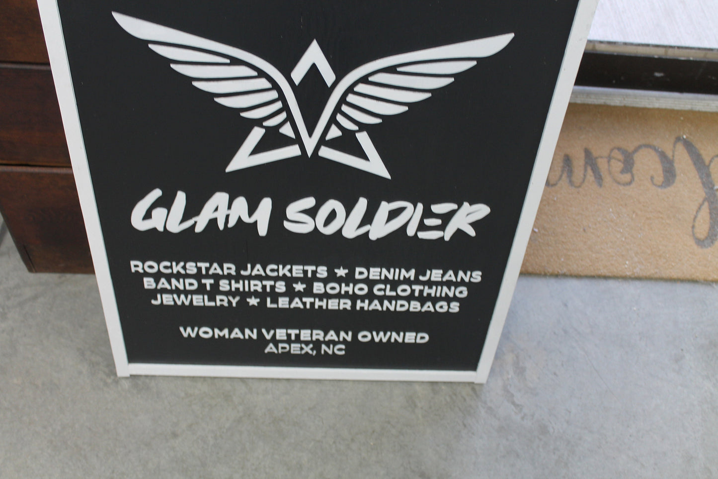 Personalized Womens Boutique Soldier Wooden Handmade Commerical Signage Elevated 3d text Black and white Customizable Logo Image Store Front