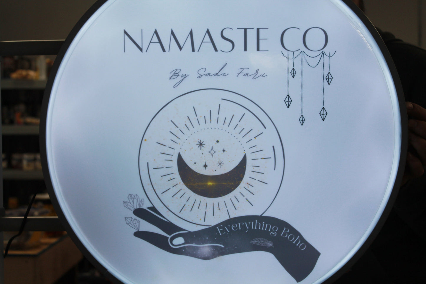 Custom Outdoor Namaste Crystals Boho Round Led Light Sign Wall or Ceiling Mounted Circle Light Sign Store Front Commerical Signage Logo