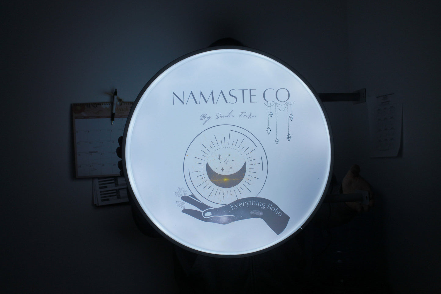 Custom Outdoor Namaste Crystals Boho Round Led Light Sign Wall or Ceiling Mounted Circle Light Sign Store Front Commerical Signage Logo