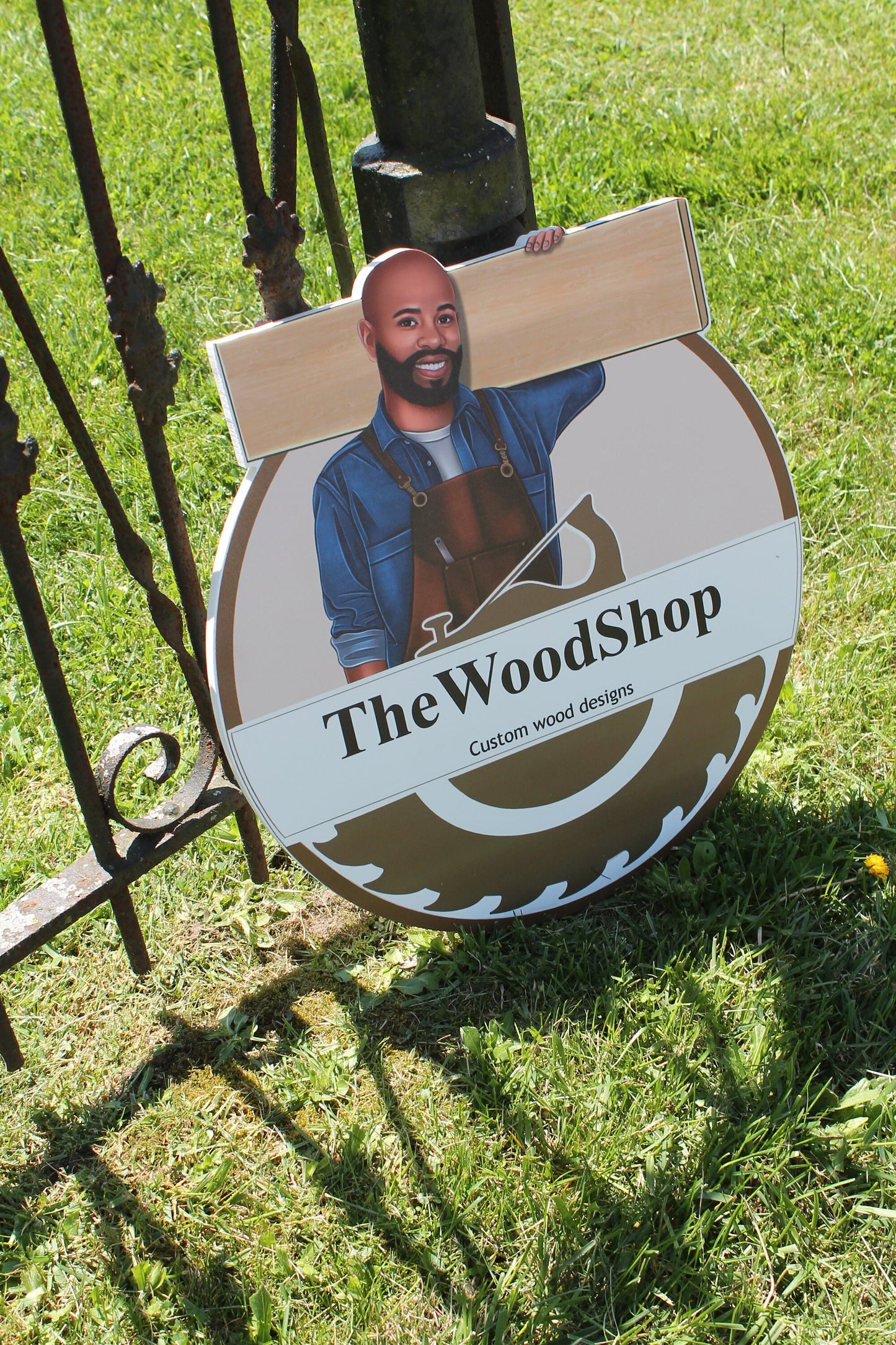 Woodshop Character Personalized Waterproof Sign Contoured Smooth Round Outdoor Ready for Business Logo Great for hanging or wall mounted