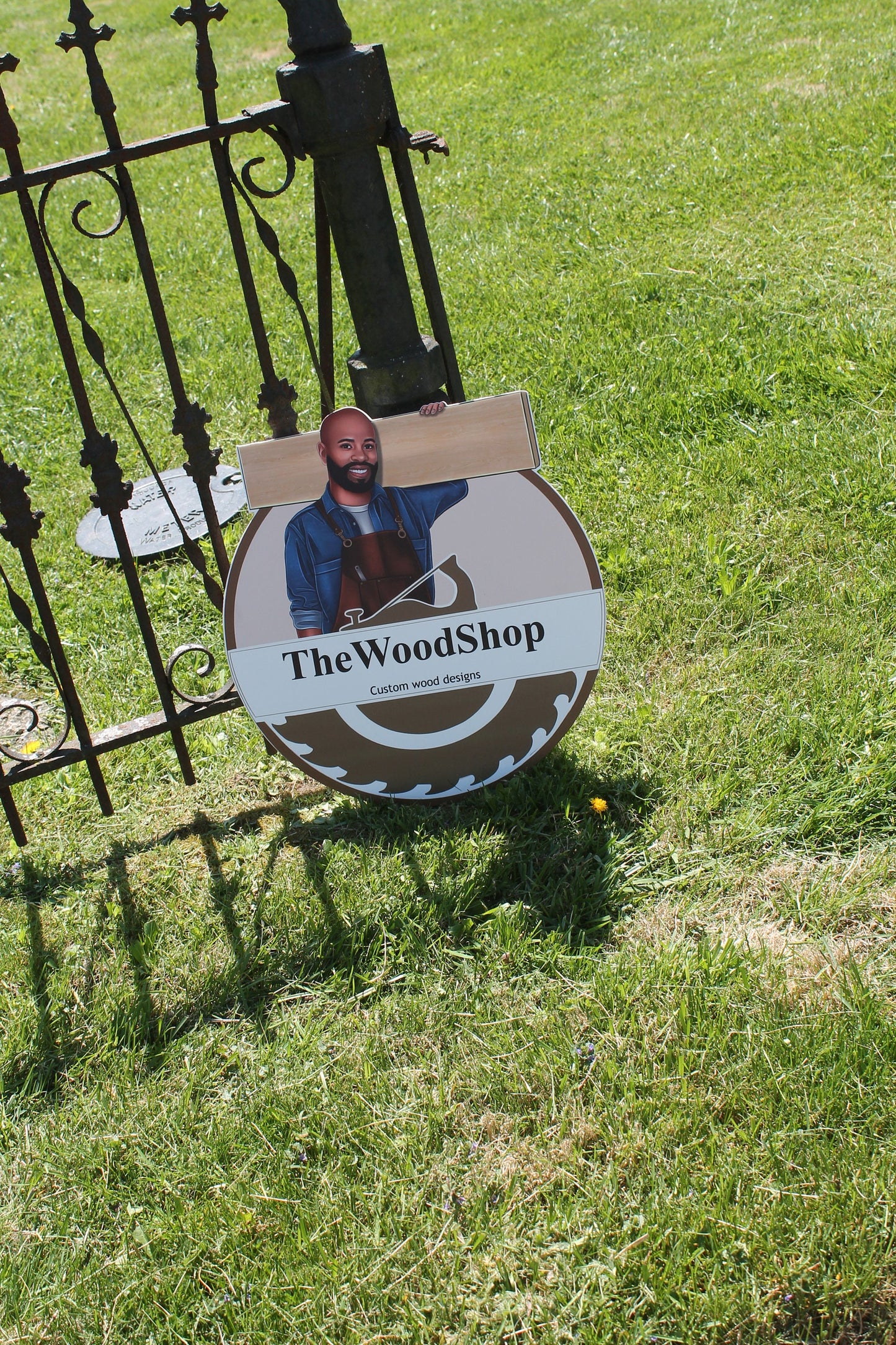 Woodshop Character Personalized Waterproof Sign Contoured Smooth Round Outdoor Ready for Business Logo Great for hanging or wall mounted