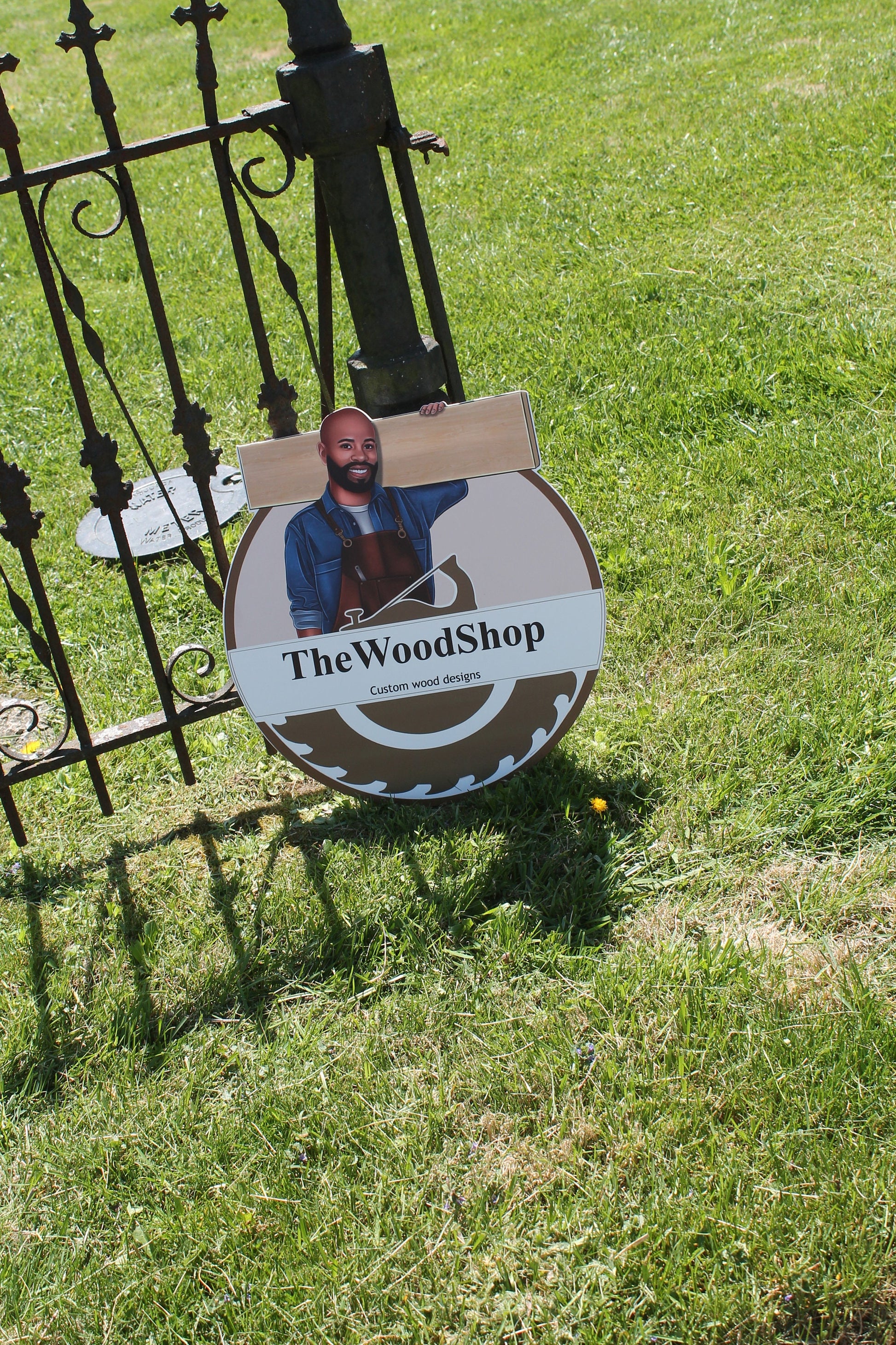 Woodshop Character Personalized Waterproof Sign Contoured Smooth Round Outdoor Ready for Business Logo Great for hanging or wall mounted