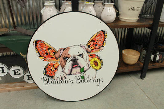 Bulldog Breeder Groomer Owner Butterfly Sign Logo Your Actual Logo Round Hanging Sign Booth Custom Circle Personalized Color Wood Print