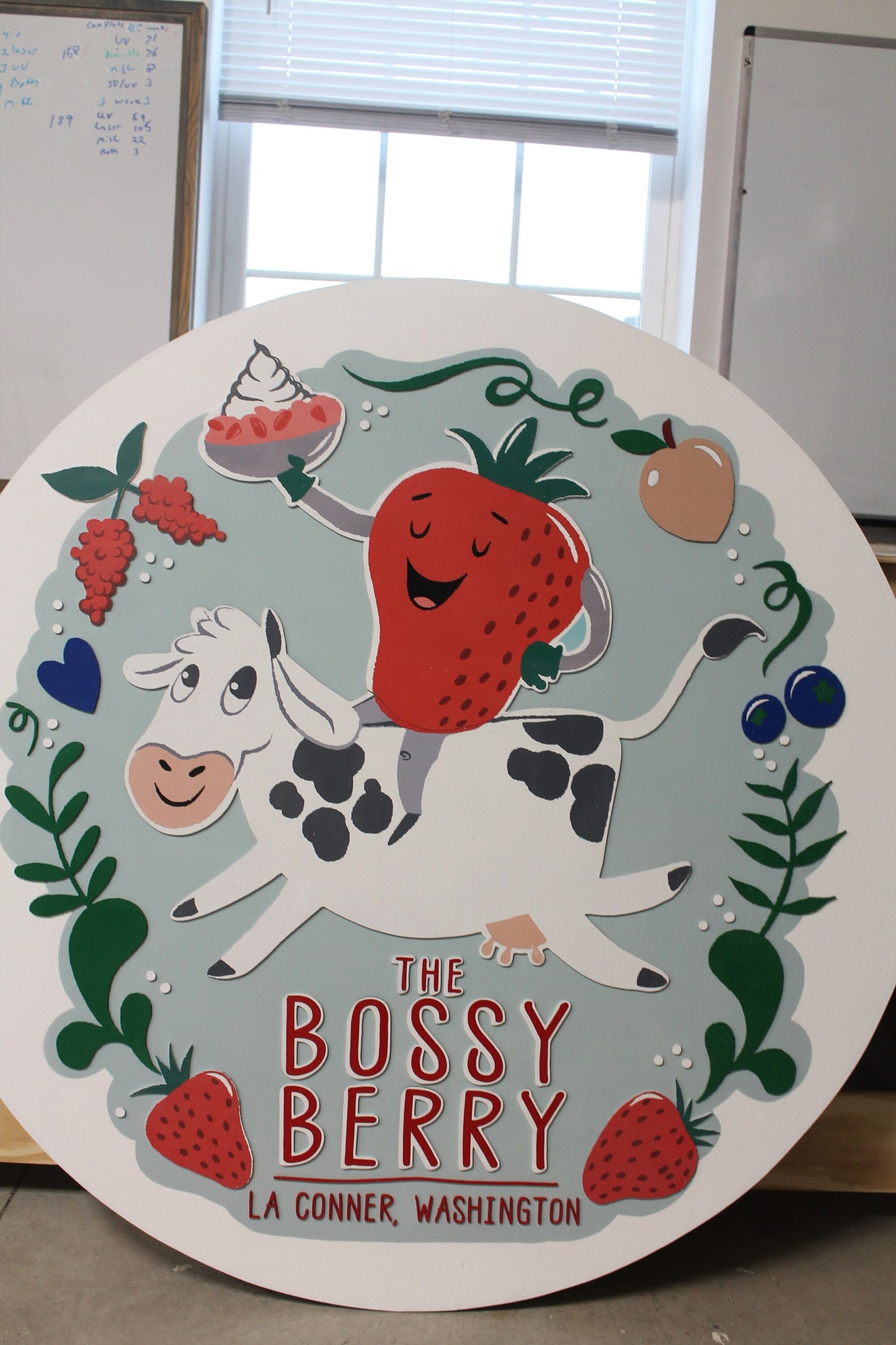 Cow Dairy Strawberry Custom Sign Round Business Commerical Signage Made to Order Store Front Small Shop Logo Circle Wooden Handmade