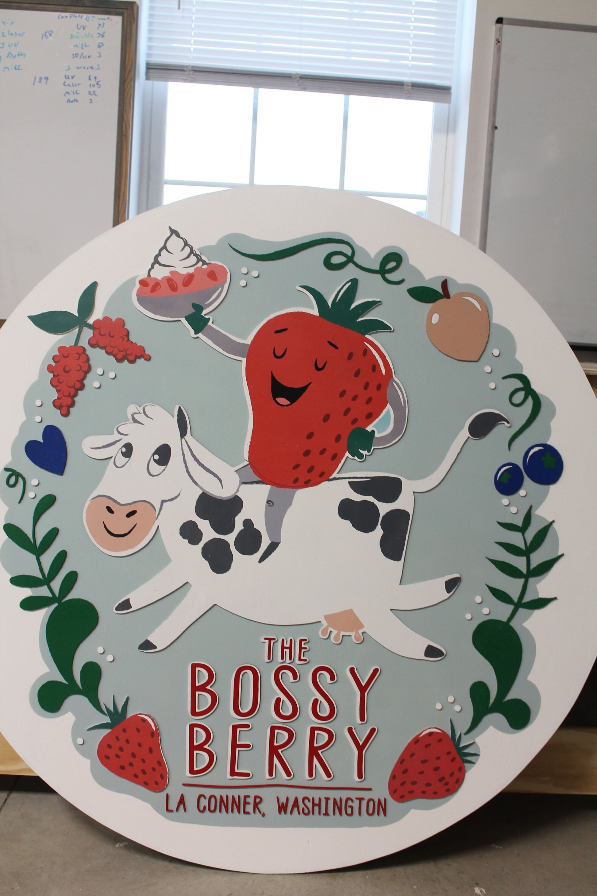 Cow Dairy Strawberry Custom Sign Round Business Commerical Signage Made to Order Store Front Small Shop Logo Circle Wooden Handmade