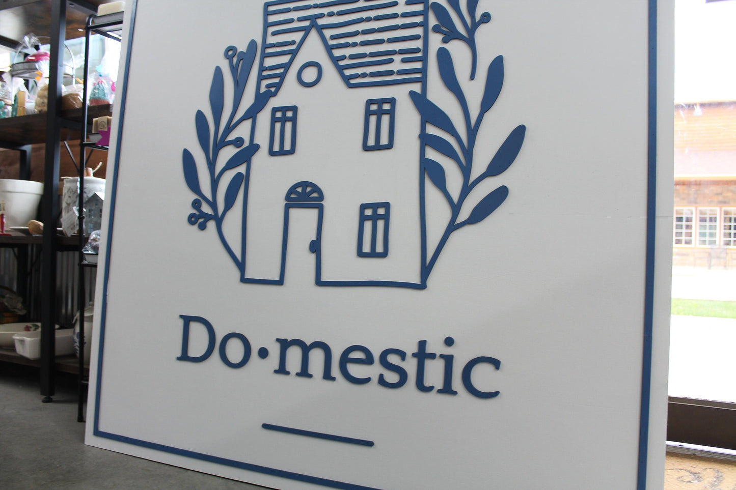 Domestic Home Design Custom Sign Square Business Commerical Signage 3D Blue and White Laurels Home Boutique Made to Order Wooden Handmade