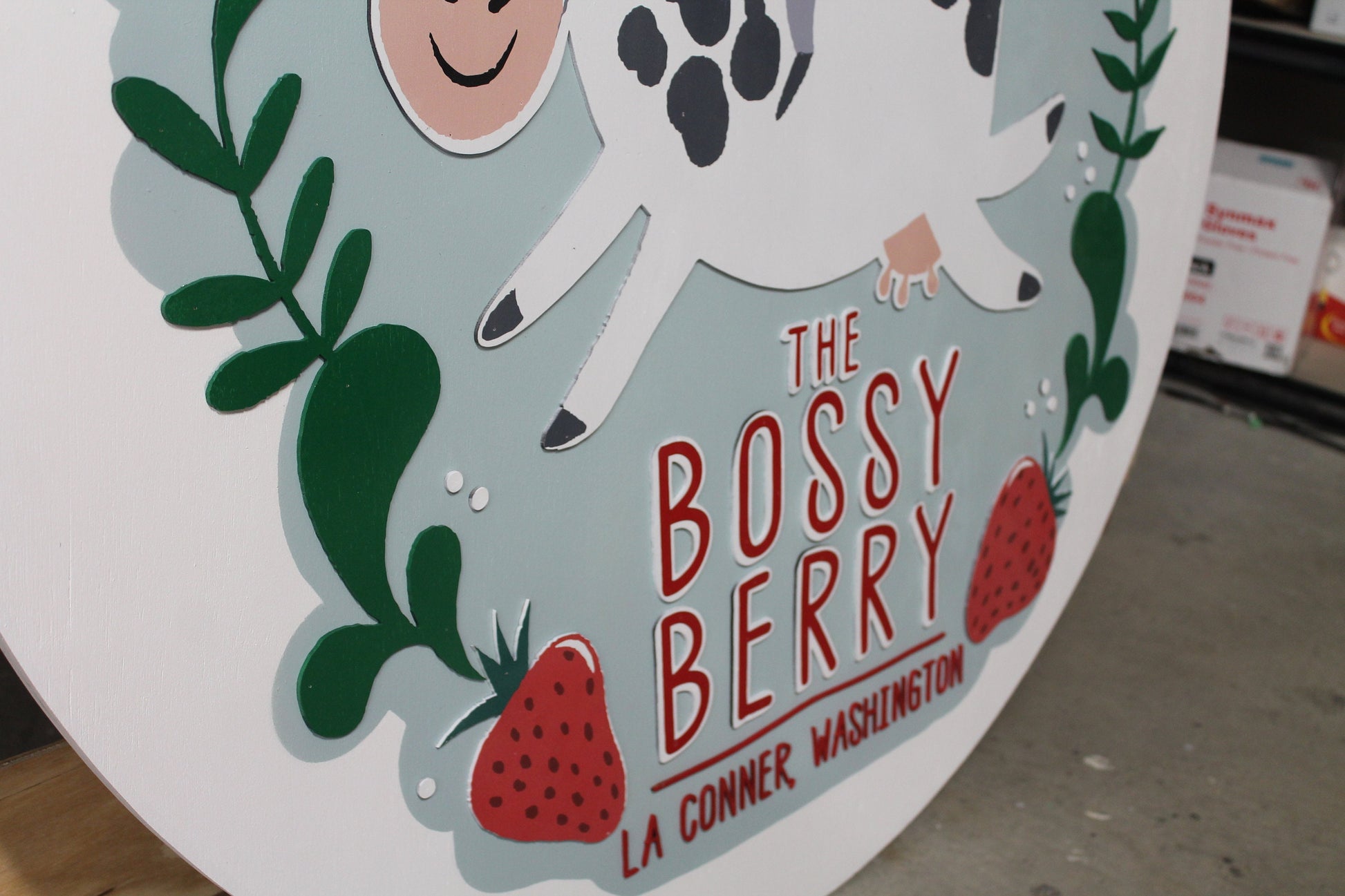 Cow Dairy Strawberry Custom Sign Round Business Commerical Signage Made to Order Store Front Small Shop Logo Circle Wooden Handmade