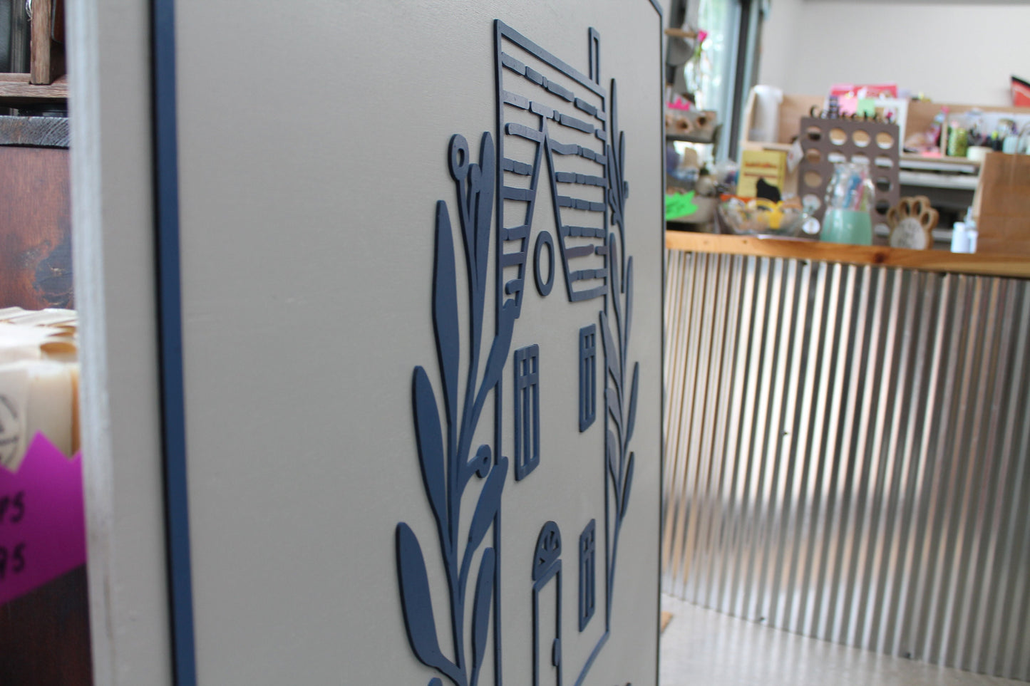 Domestic Home Design Custom Sign Square Business Commerical Signage 3D Blue and White Laurels Home Boutique Made to Order Wooden Handmade