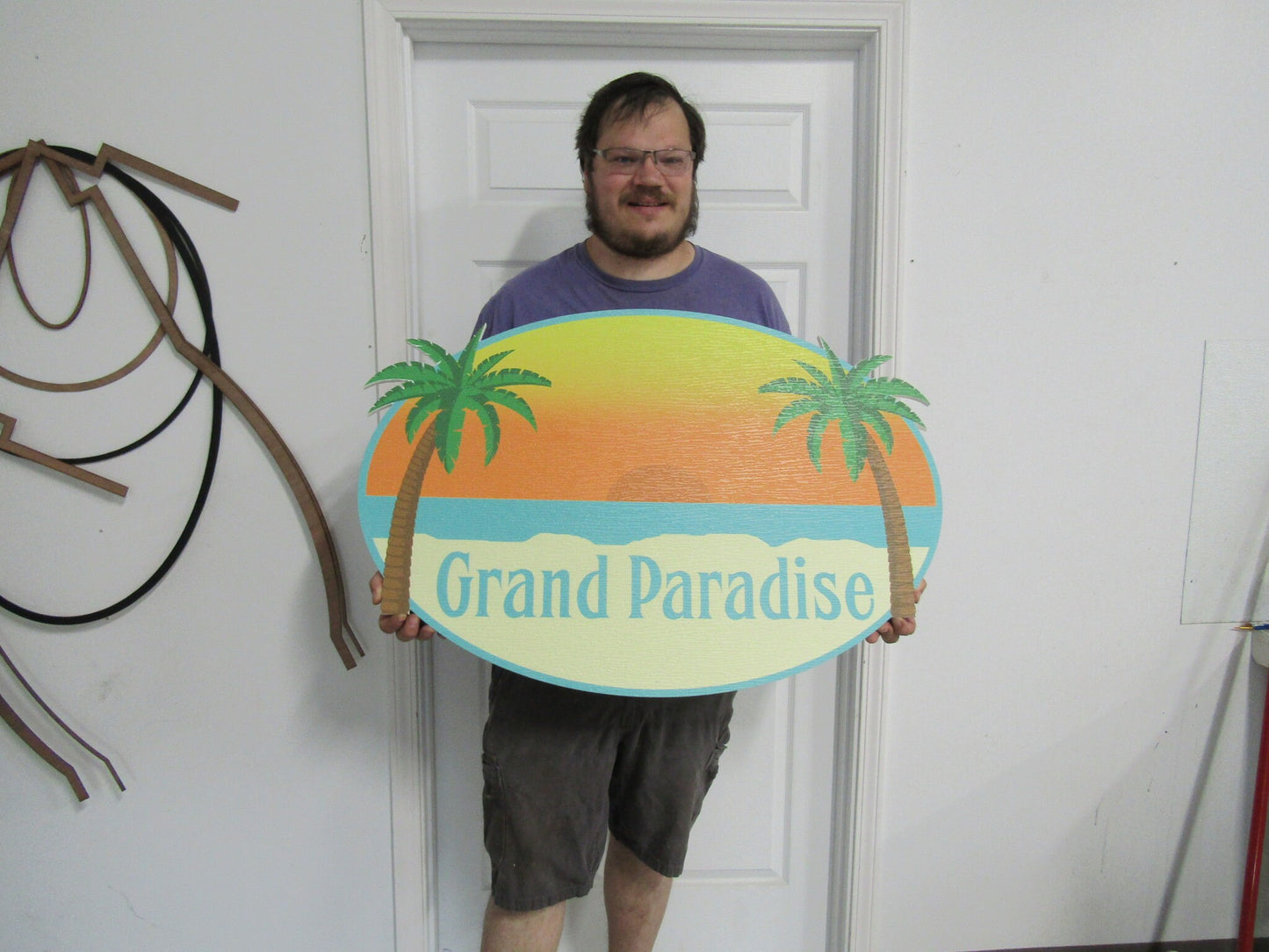 Oval Beach House Palm Contour Custom Made Sign Your Logo PVC All Weather Sturdy Outdoor Fade Mold Resistant Personalized UV Printed Color