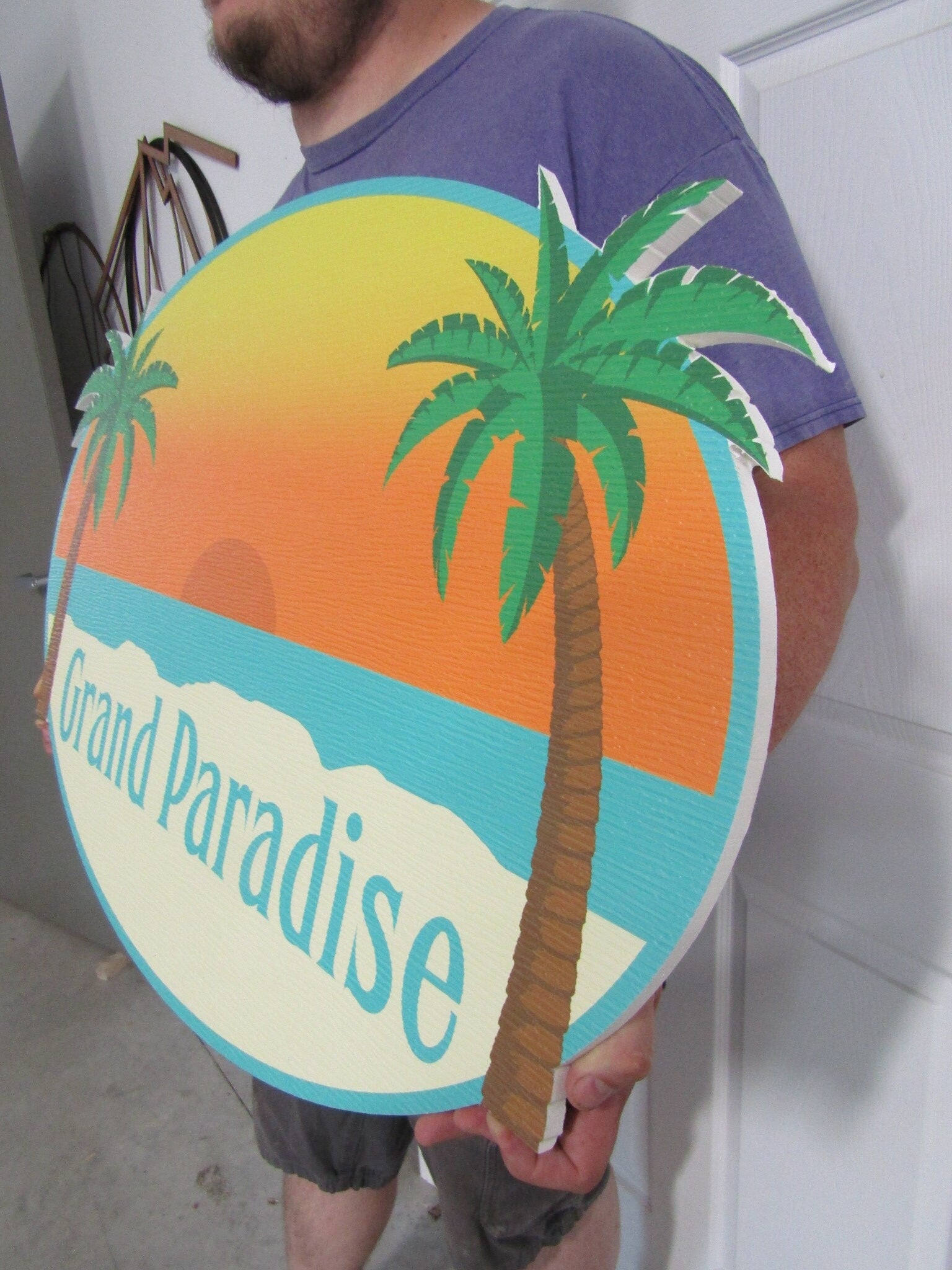 Oval Beach House Palm Contour Custom Made Sign Your Logo PVC All Weather Sturdy Outdoor Fade Mold Resistant Personalized UV Printed Color