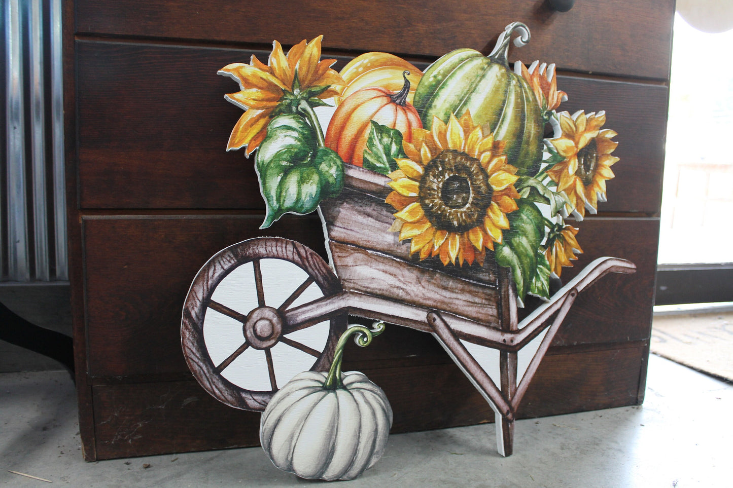 Harvest Pumpkin Porch Decor Farmstand Sunflower Cart Gift Gourd Fall Autumn Wheel Barrel Printed Flower Bed Decoration Orange Green Rustic