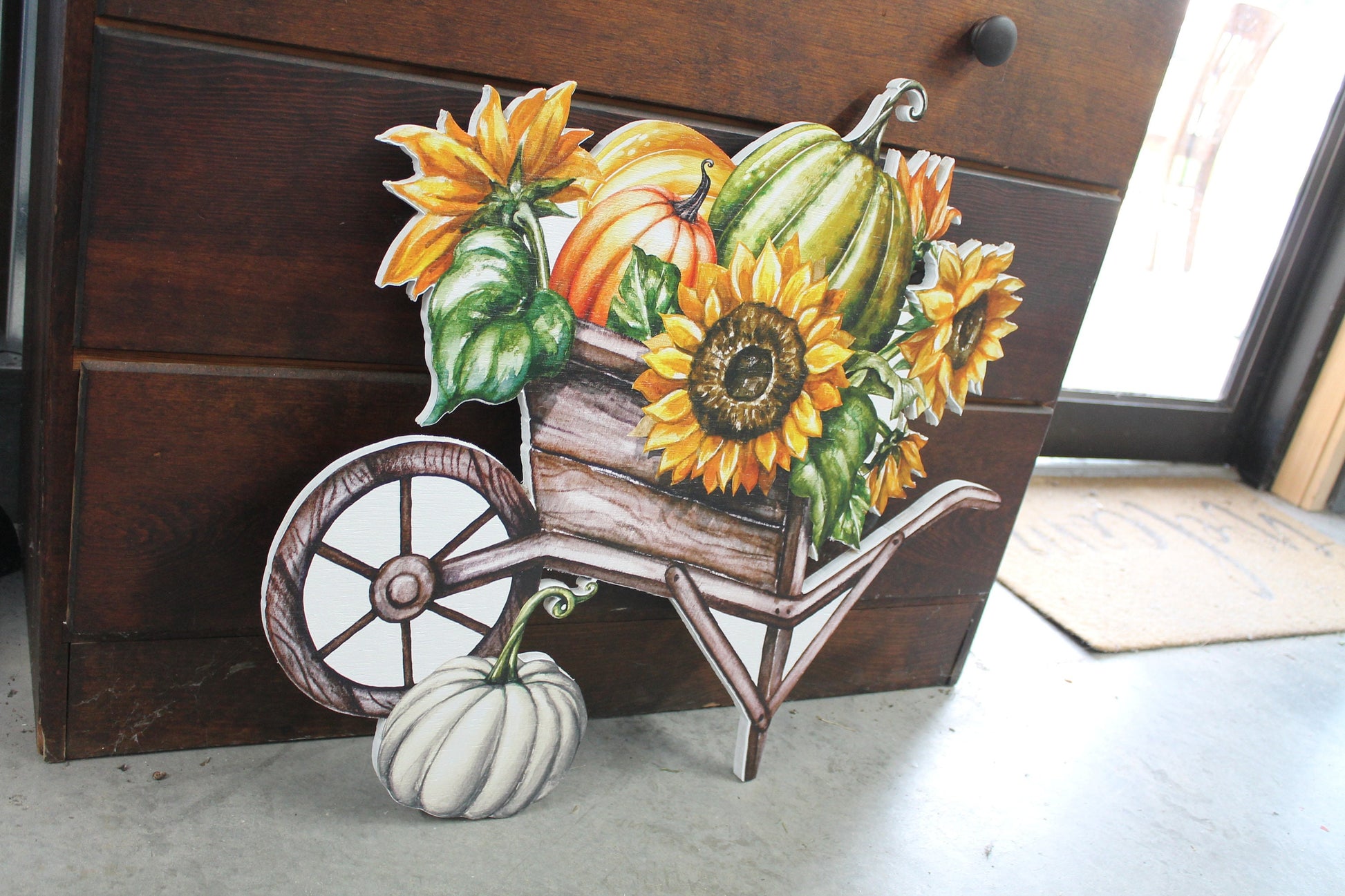 Harvest Pumpkin Porch Decor Farmstand Sunflower Cart Gift Gourd Fall Autumn Wheel Barrel Printed Flower Bed Decoration Orange Green Rustic