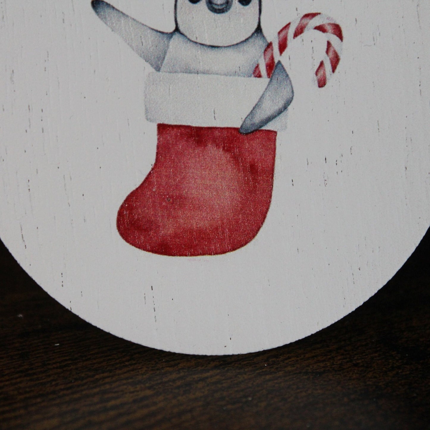 Hello Penguin Stocking Candy Cane Happy Christmas Festive Waving Ornament Decoration White Painted Uv Printed Image Red Holidays